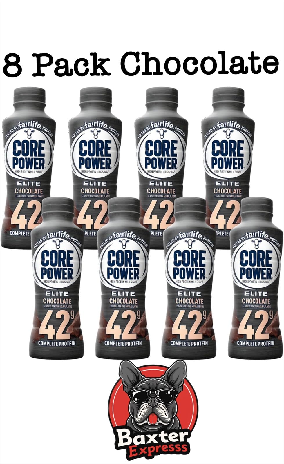 Fairlife Core Power Elite Chocolate (8 Pack) High Protein Milk Shakes 42g - 14 Fl Oz Sports Nutrition with Baxter Expresss packaging