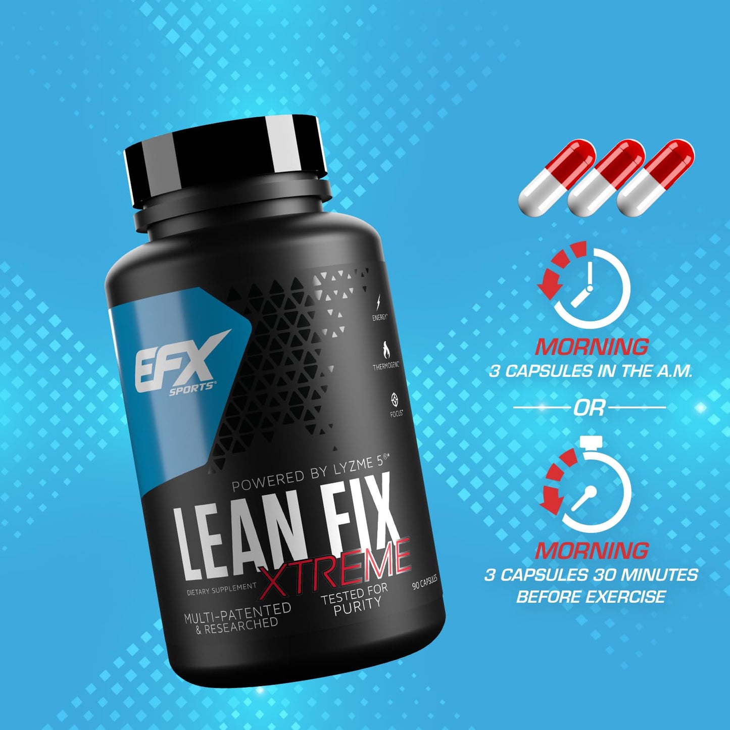 EFX Sports Lean Fix Xtreme | Weight Loss Supplement | Multi-Patented, Fat Burning Formula | Powered by Lyzme 5 | 30 Servings, 90 Capsules
