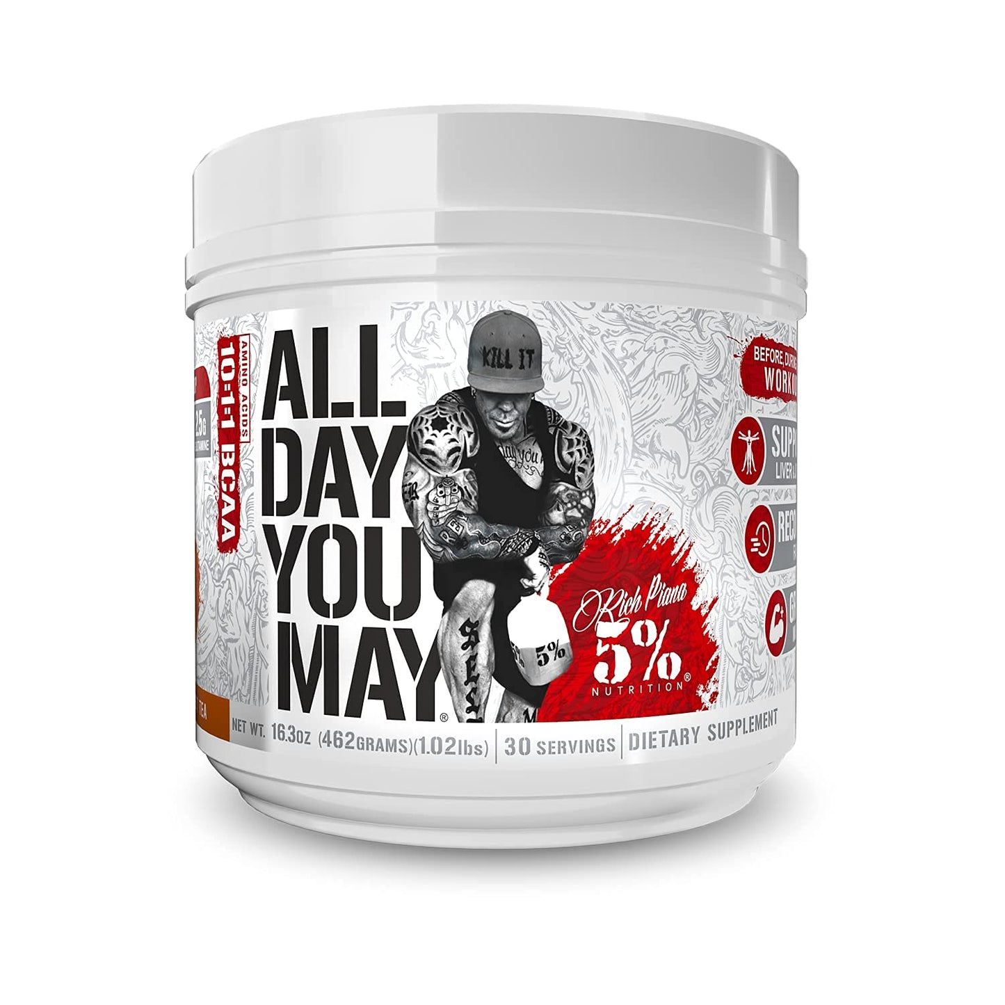5% Nutrition Rich Piana AllDayYouMay BCAA Powder | Premium Intra & Post Workout Amino Acids, Hydration, Endurance, Muscle Recovery, Joint & Liver Support | 16.3 oz, 30 Servings (Southern Sweet Tea)