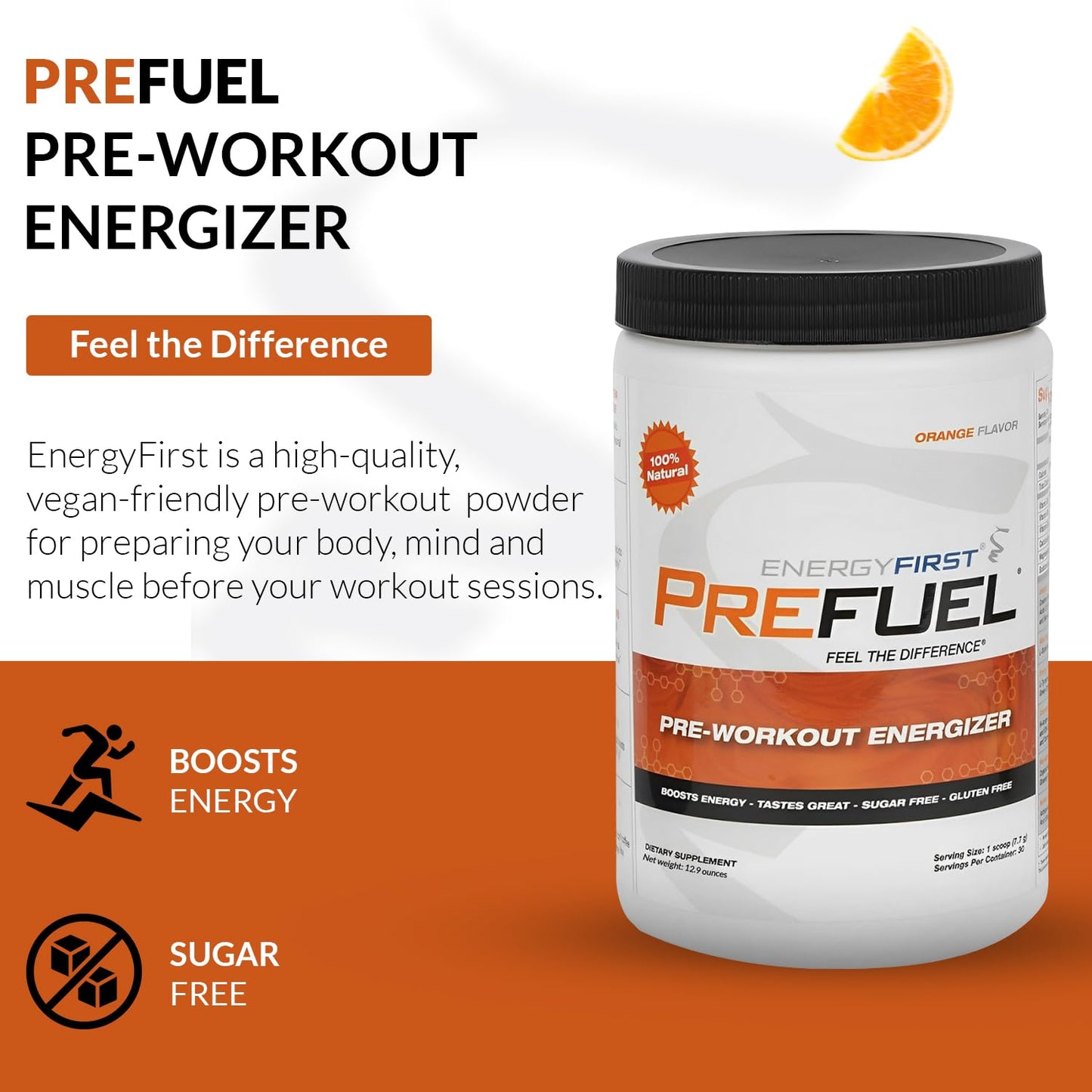 EnergyFirst Prefuel Vegan Pre-Workout Powder, Zero Sugar, All-Natural Energizer with Immune Support Orange Flavor, 30 Servings for Maximum Workout Performance