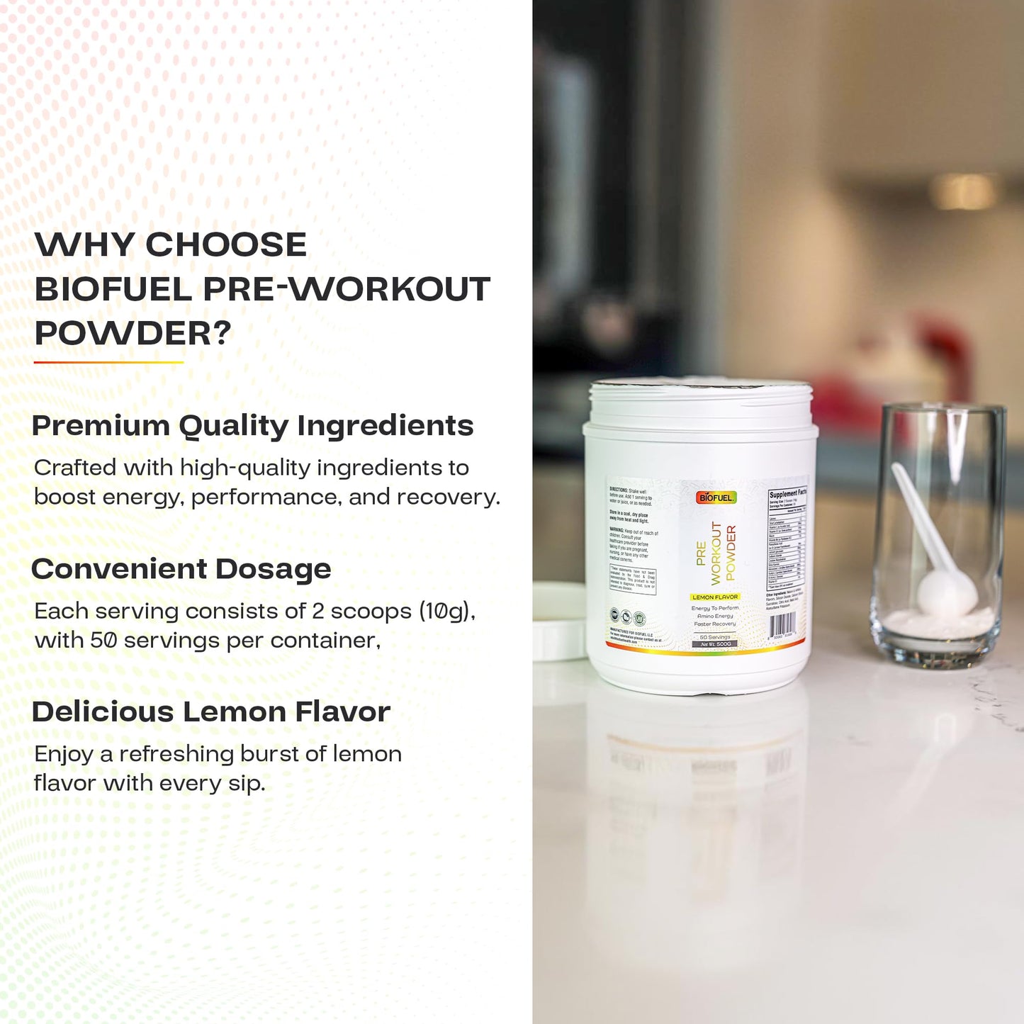 Biofuel Pre-Workout Powder - Enhances Amino Energy, Workout Performance, and Recovery - Natural Lemon Flavor, 500g, 50 Servings