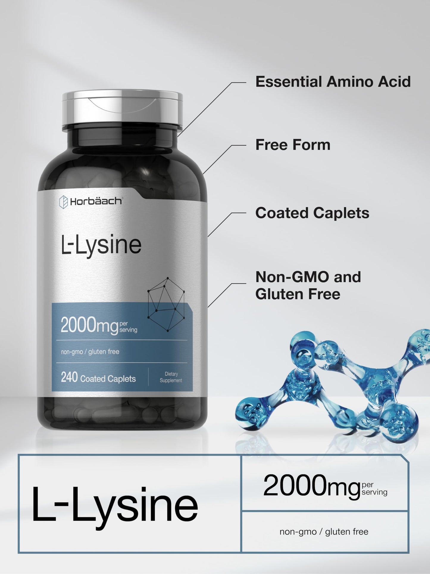 Horbäach L-Lysine | 2000mg | 240 Caplets | Vegetarian, Non-GMO, and Gluten Free Supplement