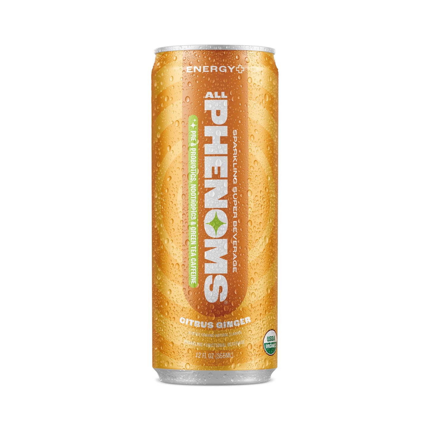 All Phenoms Energy Sparkling Organic Prebiotic  Probiotic Drink  Adaptogen Mushroom Blend 350mg Lions Mane 75mg Green Tea Caffeine 135mg LTheanine Vitamins B  Citrus Ginger 12 Pack