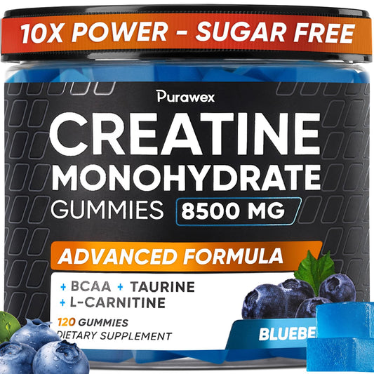 Creatine Monohydrate Gummies 8500mg Complex for Men & Women, Preworkout Gummy with L-Carnitine, BCAA, Taurine for Muscle Growth, Strength & Energy Support, Sugar Free, Vegan,Blueberry Flavor,120 Count
