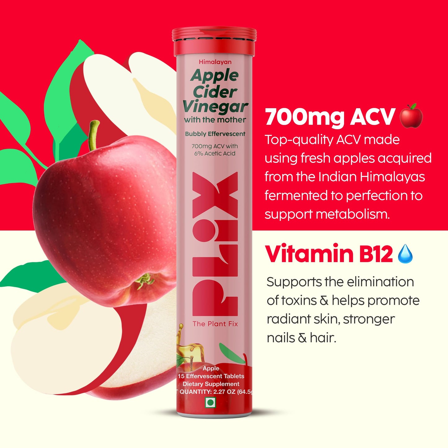 PLIX Apple Cider Vinegar Effervescent Tablets with The Mother, 700mg ACV with VIT B12, B6, Pack of 4 | Vegan, No Added Sugar, Non-GMO & Gluten-Free
