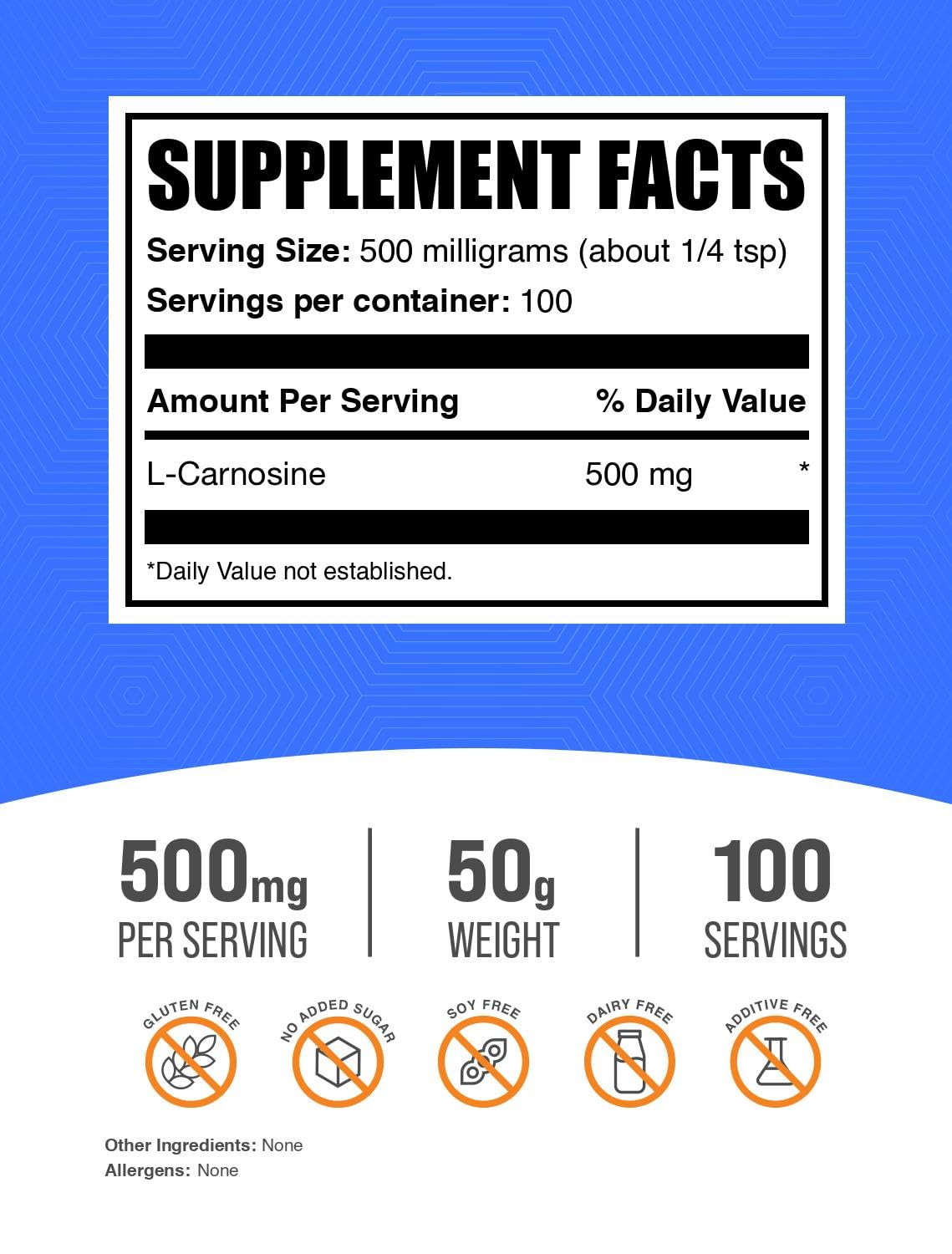 BulkSupplements.com L-Carnosine Powder - Carnosine Supplement, Carnosine 500mg - Amino Acid Supplement, Gluten Free, 500mg per Serving, 50g (1.8 oz) (Pack of 1)