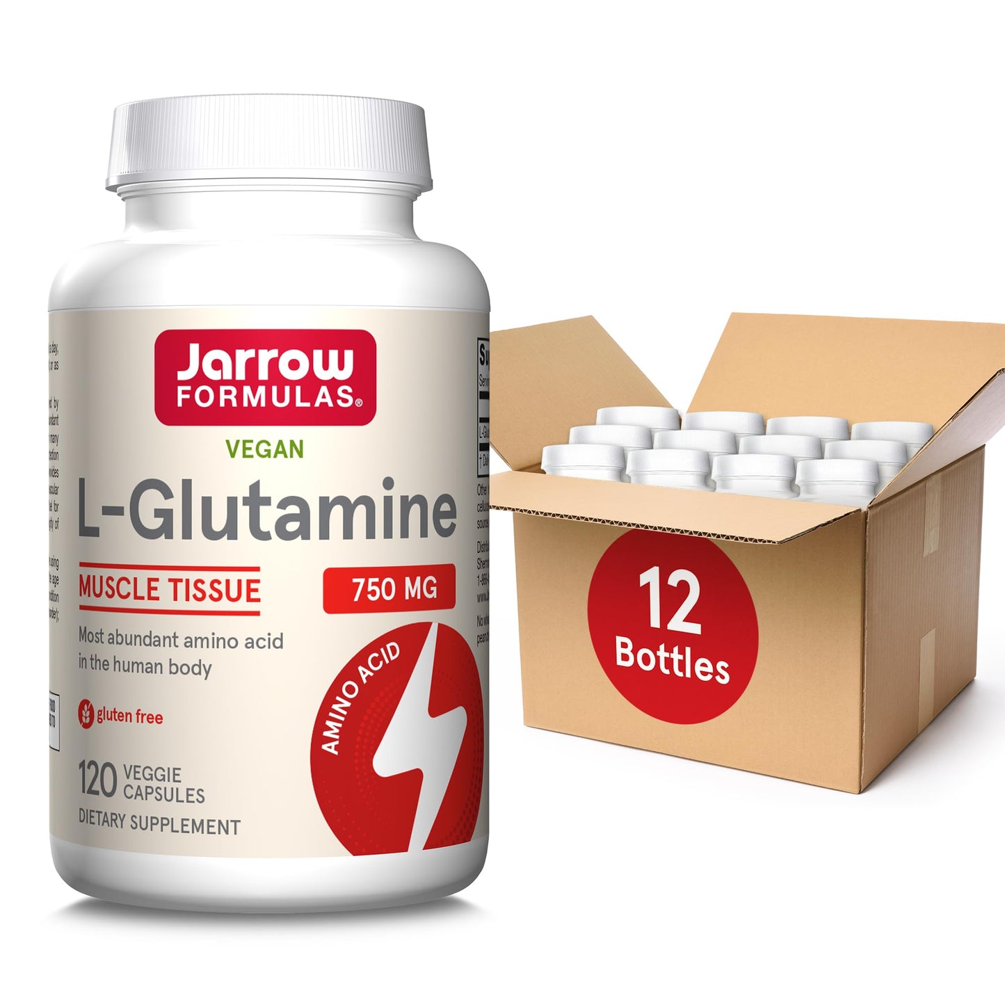Jarrow Formulas L-Glutamine 750 mg, Dietary Supplement, Immune and Muscle Support, 120 Veggie Capsules, Up to 120 Day Supply (Pack of 12)