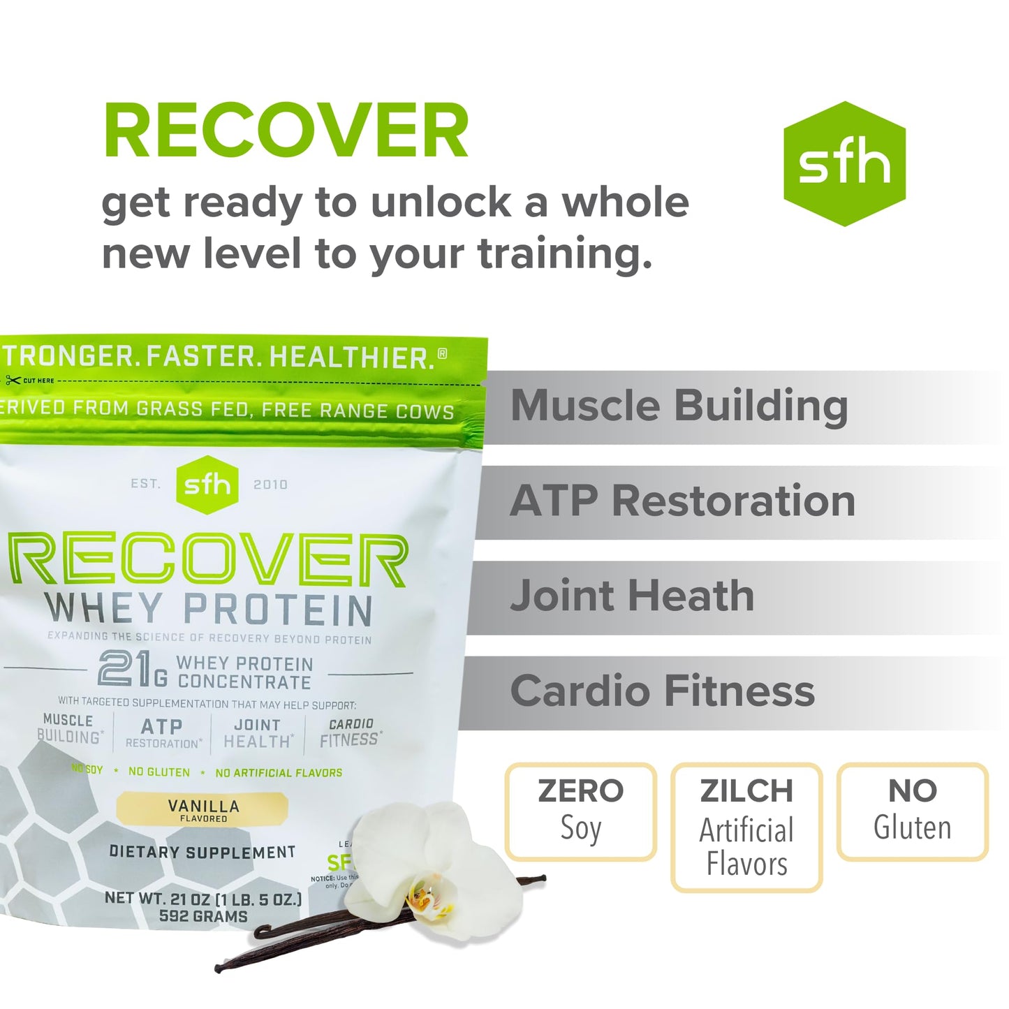 SFH RECOVER Whey Protein Powder (Vanilla) Great Tasting Grass Fed Whey for Post Workout | All Natural | No Soy, No Gluten, No RBST, No Artificial Flavors (20 serving bag)