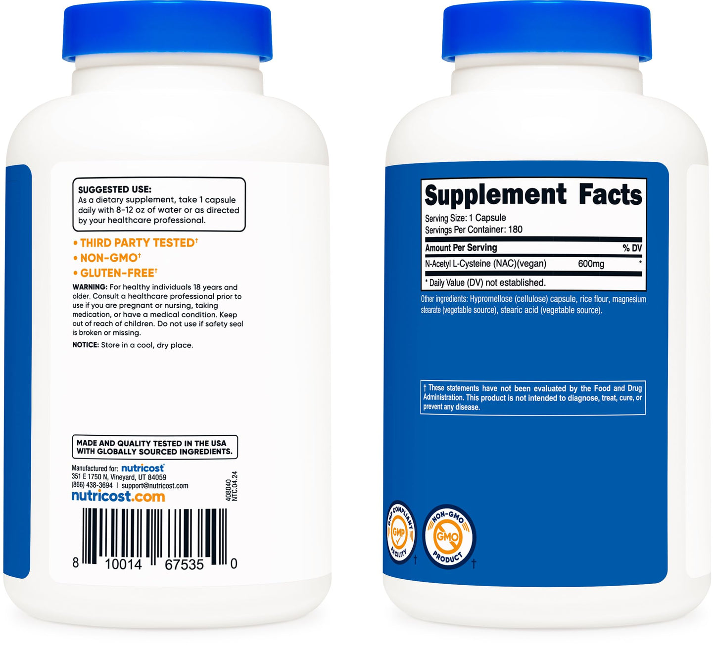 Nutricost N-Acetyl L-Cysteine (NAC) 600mg, 180 Capsules - Non-GMO, Gluten Free