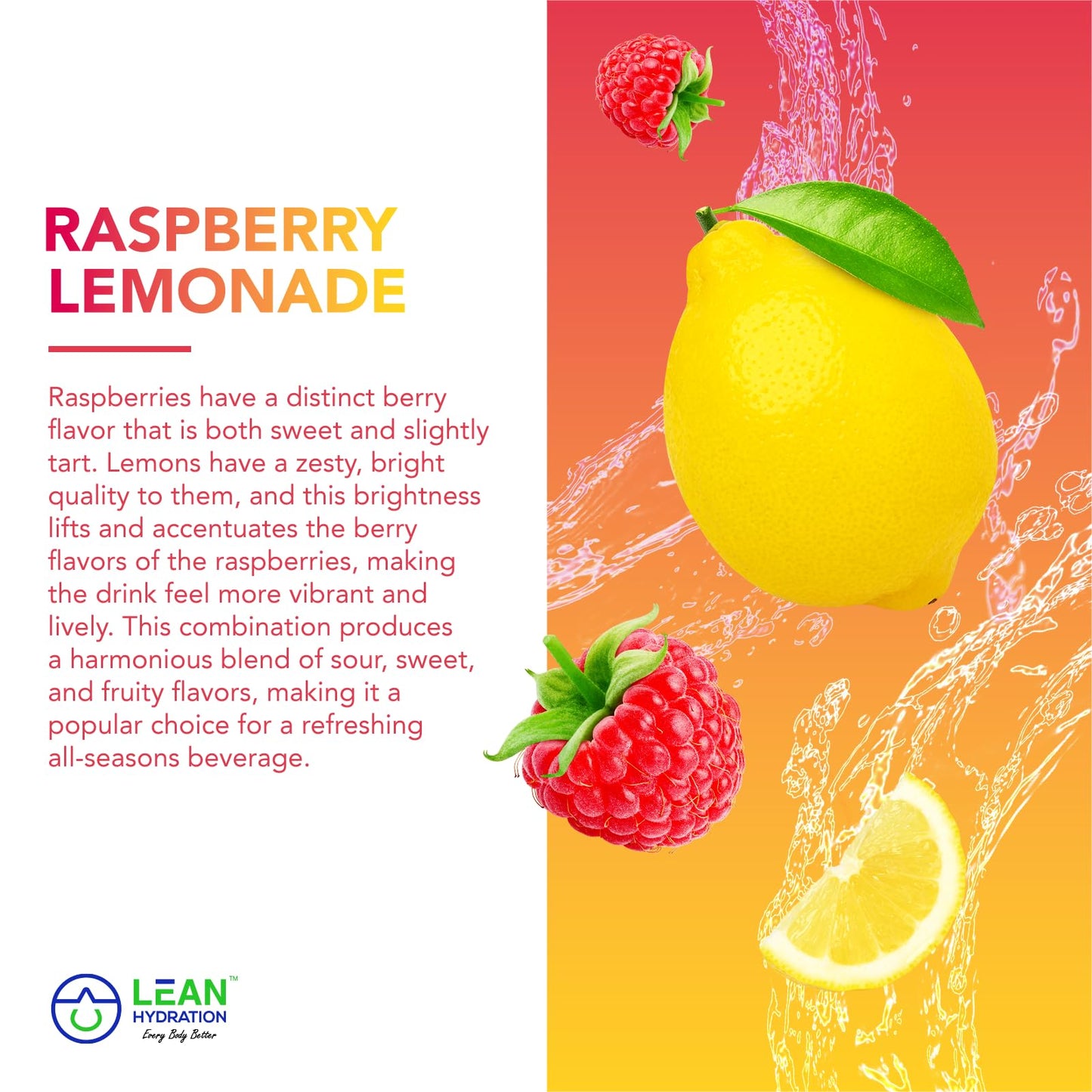 LEAN Hydration Natural Electrolyte Immune Formula - Boost Immunity and Stay Hydrated with Zero Sugar and No Artificial Flavors or Sweeteners 15 ct Packets (Raspberry Lemonade)