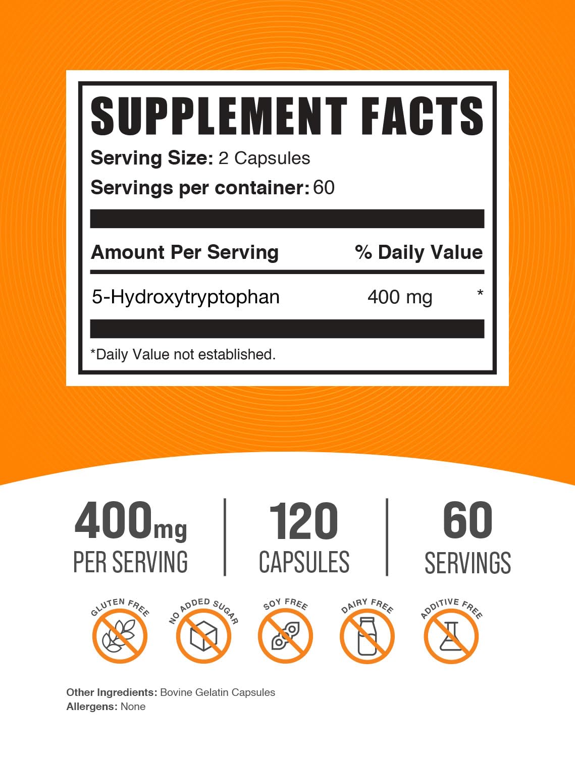 BulkSupplements.com 5-HTP Capsules - 5-Hydroxytryptophan, 5 HTP Supplement - 5-HTP 400mg, for Overall Well-Being - Gluten Free, 2 Capsules per Serving, 120 Capsules (Pack of 1)