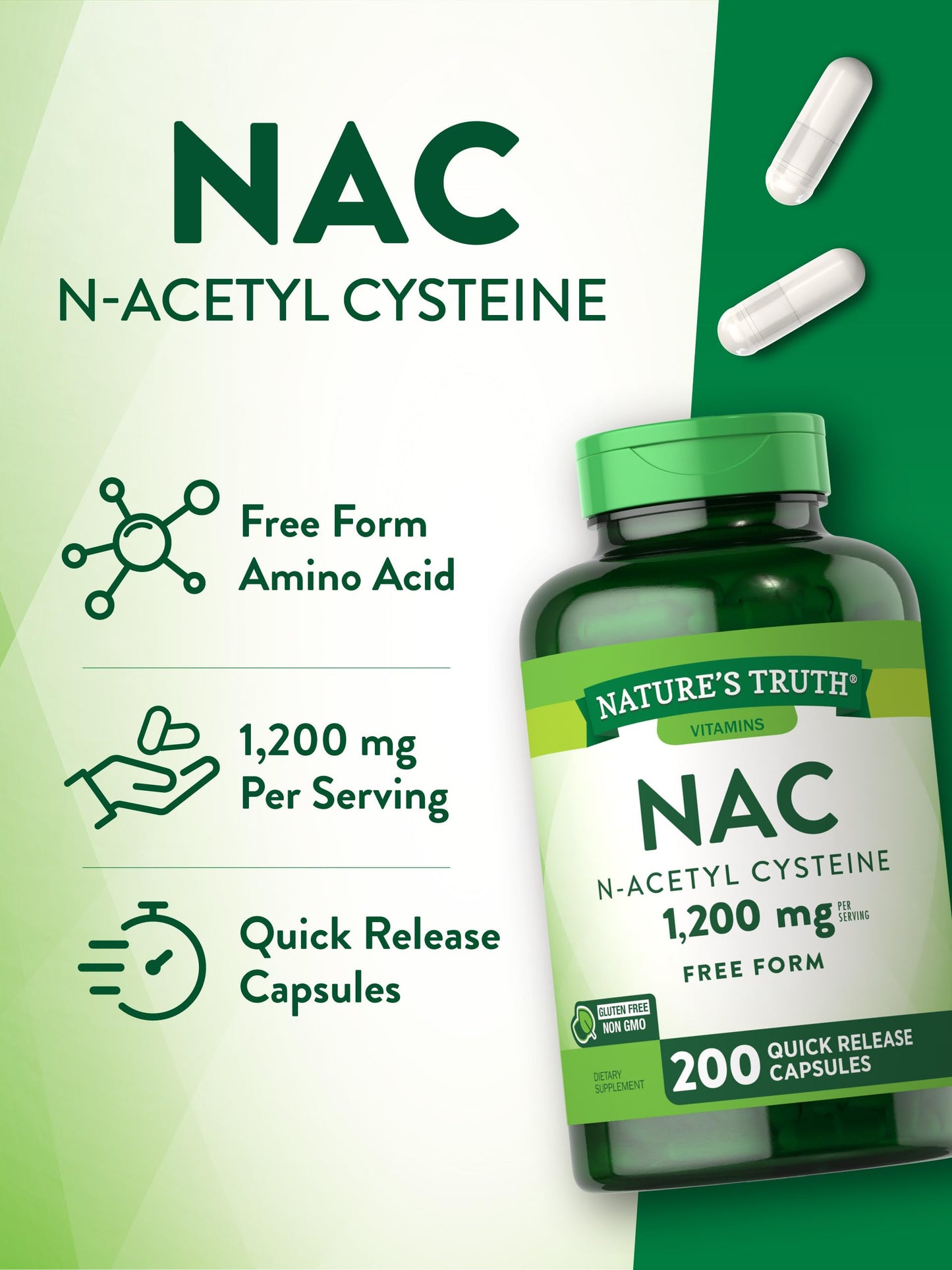 Nature's Truth NAC N-Acetyl Cysteine | 1,200mg | 200 Capsules | Free Form Amino Acid | Non-GMO & Gluten Free Supplement