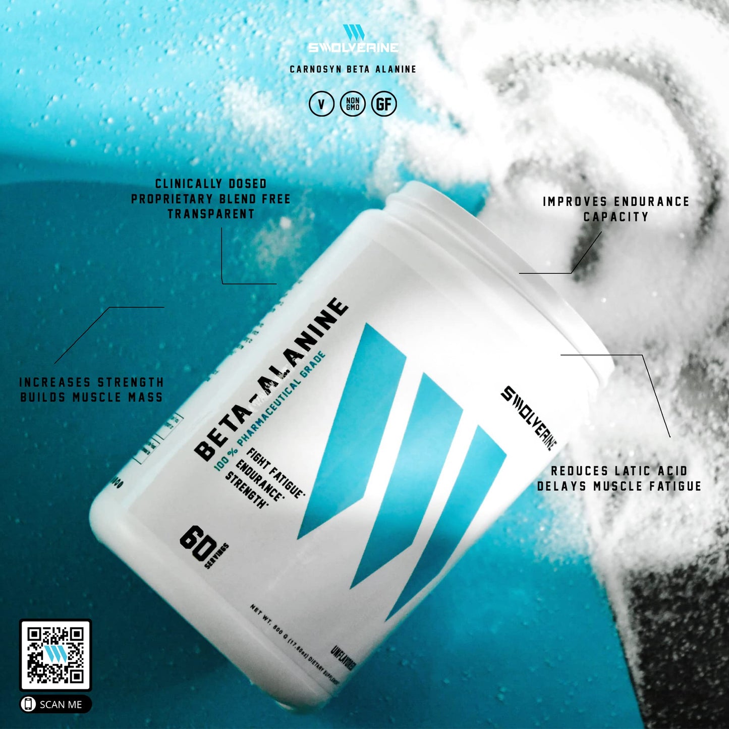 Swolverine Beta-Alanine | CarnoSyn, Instant-Release Amino-Acid, Delays Muscle Fatigue, Increases Muscular Endurance, Unflavored, 5g Per Serving, 300g (60 Servings)