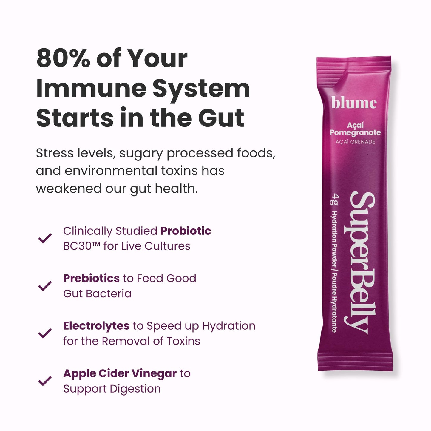Blume SuperBelly Gut Health and On-The-Go Hydration Packets, Sugar-Free, with Prebiotics, Probiotics, Apple Cider Vinegar, Vitamin C, and Electrolytes, Açai Pomegranate, 15 Sticks
