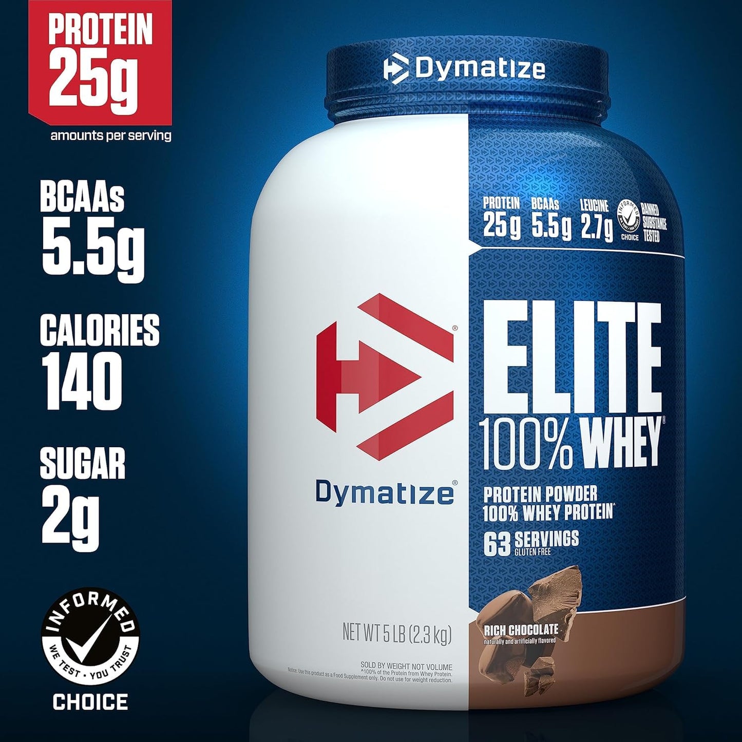 Dymatize Elite 100% Whey Protein Powder, 25g Protein, 5.5g BCAAs & 2.7 L-Leucine, Quick Absorbing & Fast Digesting for Optimal Muscle Recovery, Rich Chocolate, 5 Pound, 63 Servings