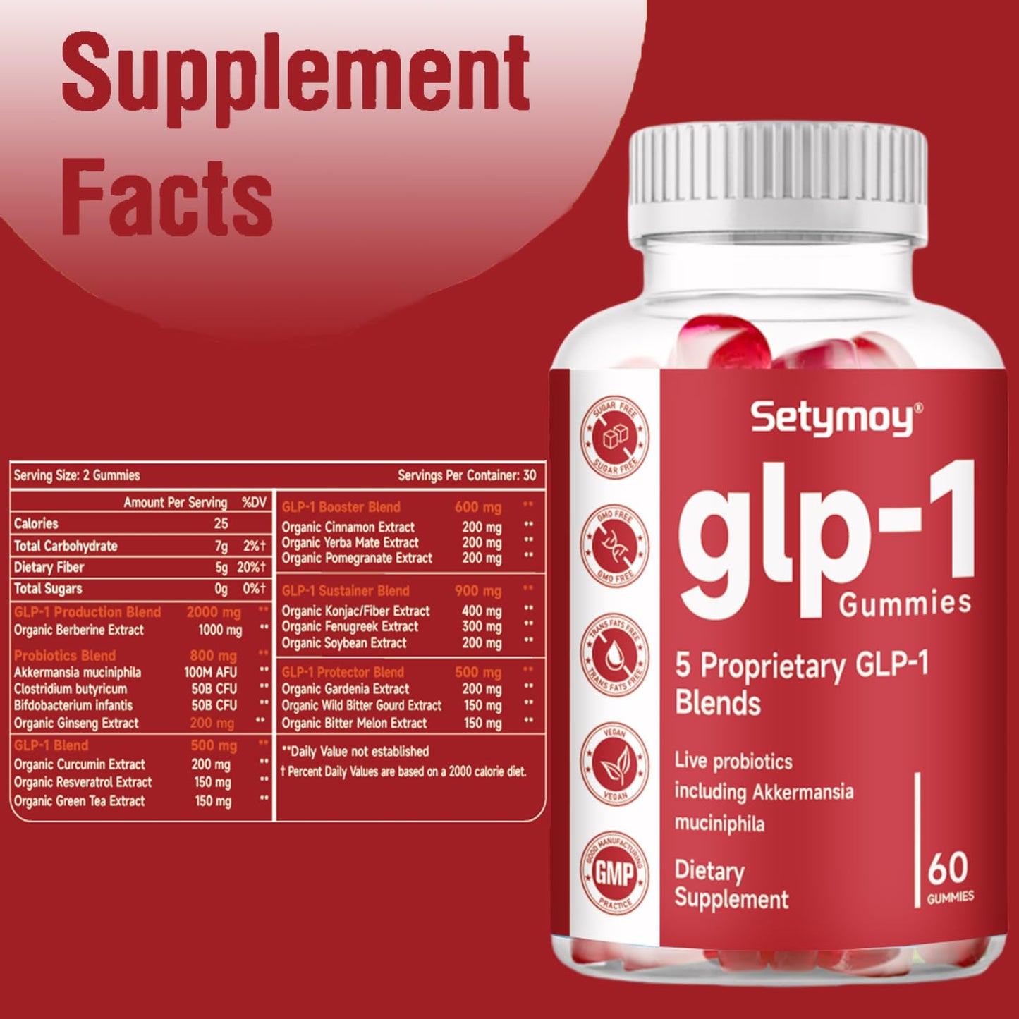 Setymoy GLP-1 Supplement Gummies with Akkermansia Probiotic, Berberine, GLP 1 Probiotic Gummy for Women and Men 60 Gummies
