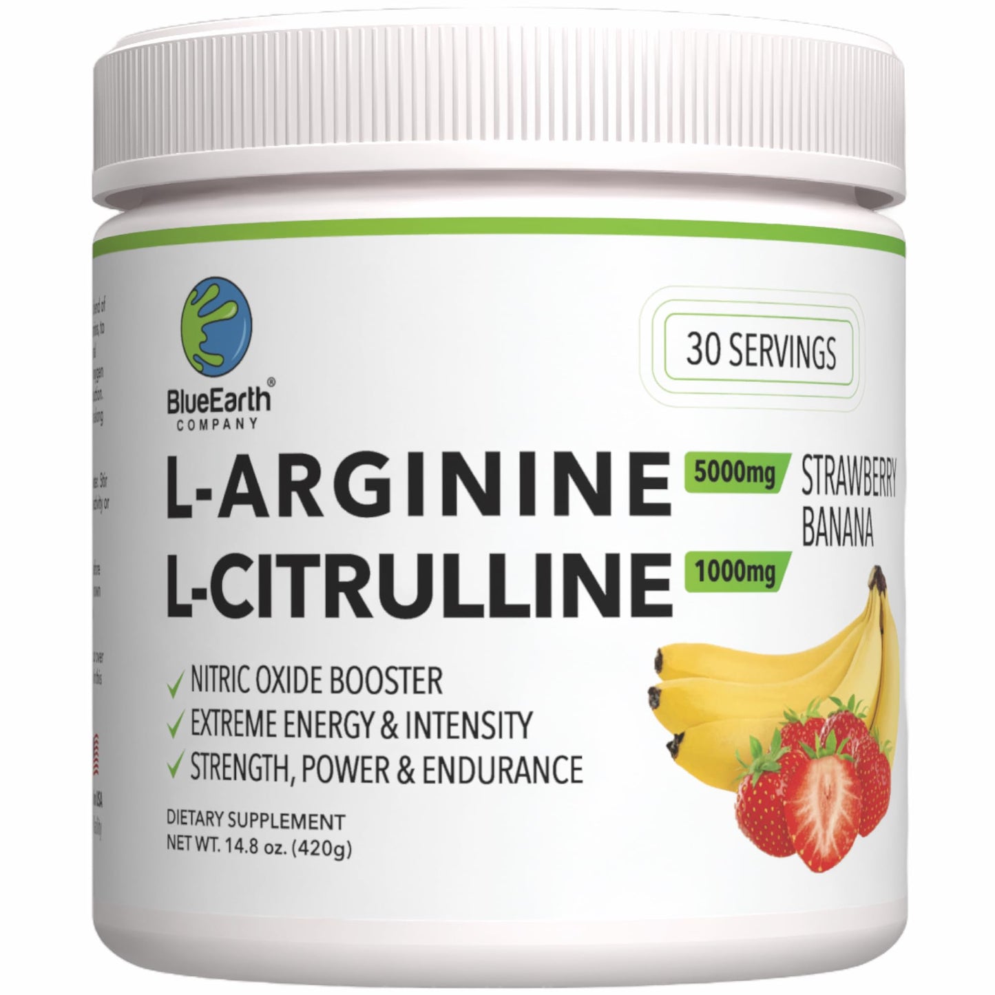 BlueEarth Company L-Arginine 5000mg + L-Citrulline Complex Powder Supplement Drink Mix - Nitric Oxide Booster for Heart Health, Blood Flow & Energy - 30 Servings (Strawberry Banana)