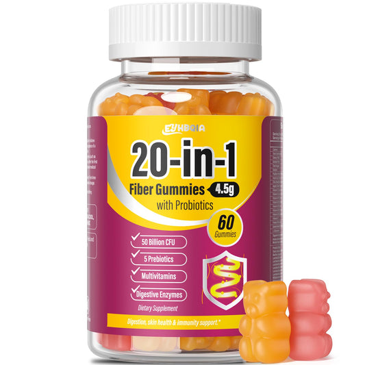 EYHBQIA Fiber Supplement 20-in-1, Fiber Gummies for Adults, 50 Billion CFU Probiotic & Prebiotic Supplement with Inulin, Psyllium, Support for Gut & Digestive Health, 60-Count, Peach & Orange