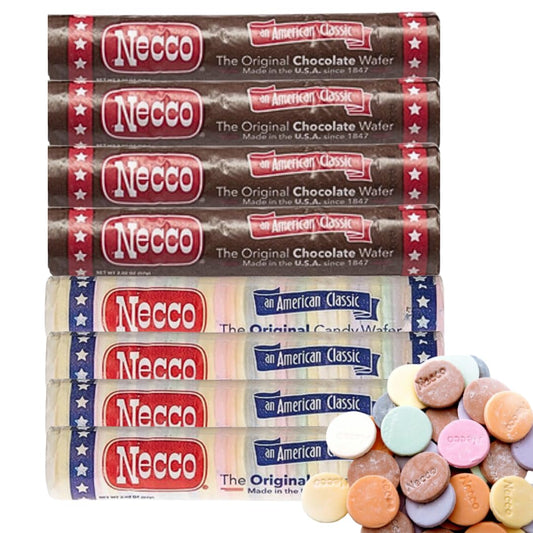 Necco Wafers 8 Pack Includes Assorted 4 rolls x Chocolate 4 rolls 8 Rolls Bulk Packaged by Cosmos Candy