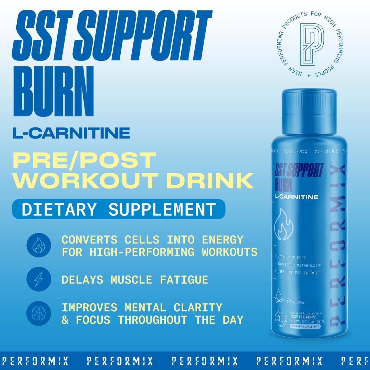PERFORMIX SST Boost Liquid L-Carnitine - Fast-Acting Energy, Improves Memory and Focus, Stimulant-Free Formula for Men & Women, Ice Berry Flavor, 31 Servings