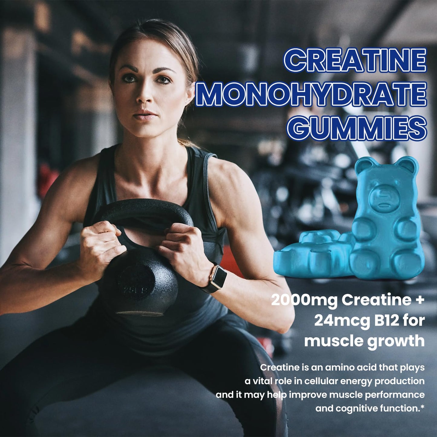 Creatine Monohydrate Gummies for Men & Women, Chewables Creatine Monohydrate with Vitamin B12 for Muscle Growth & Recovery-Vegan, Mixed Berry Flavor, 60 Gummies