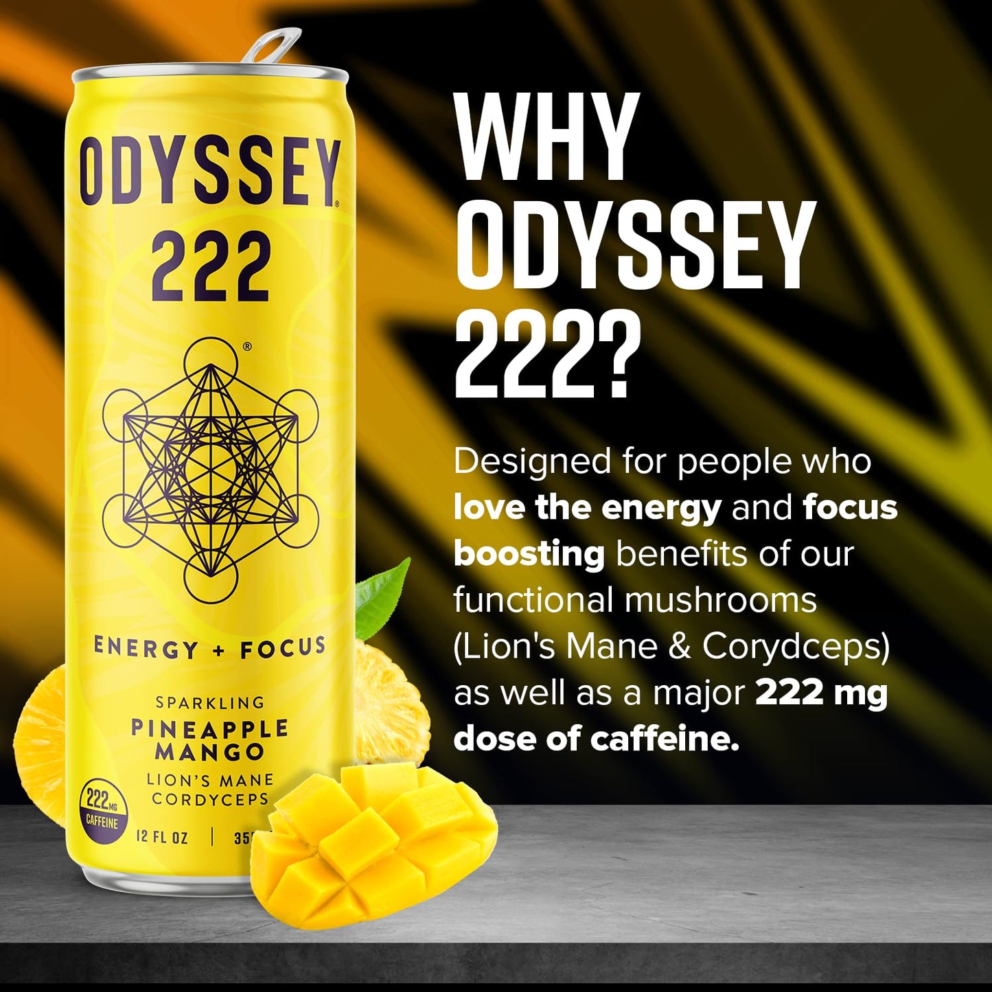 Odyssey Elixir  Odyssey 222  Sparkling Energy Drink  222 mg of Caffeine  Lions Mane  Cordyceps  Energy  Focus  Endurance  Stamina  Nootropic  Pre Workout  Pineapple Mango