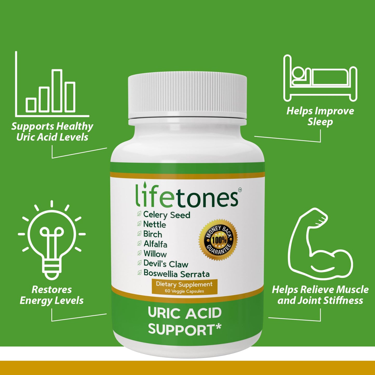 Lifetones Uric Acid Support - Herbal Joint Cleanse for Men and Women - Natural Remedy, Flexibility Boost - Non-GMO, Gluten-Free - 60 Vegan Vitamins