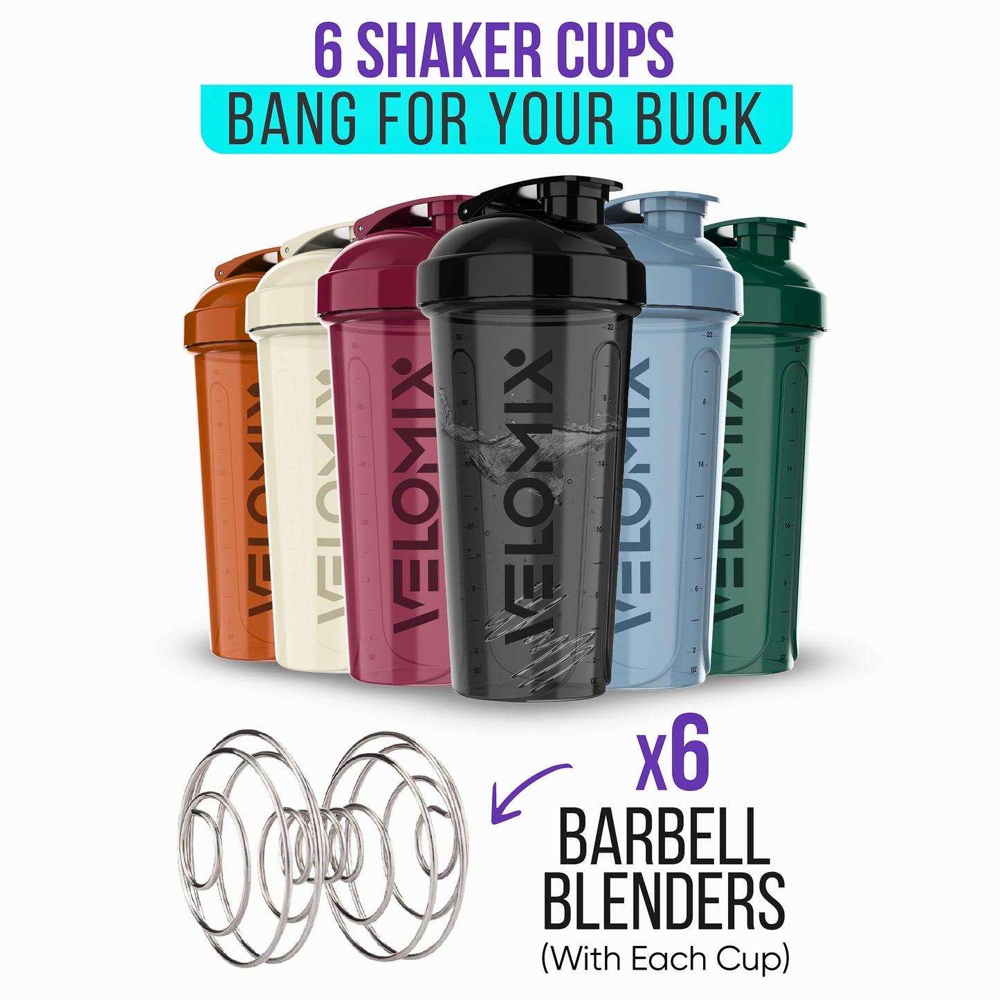 VELOMIX -6 PACK- Shaker Cups for Protein Shakes 28 oz - 6x Wire Whisk | Leak Proof Protein Shaker Bottle for Protein Shakes, Shaker Bottle Pack for Pre & Post Workout, Shaker Cup