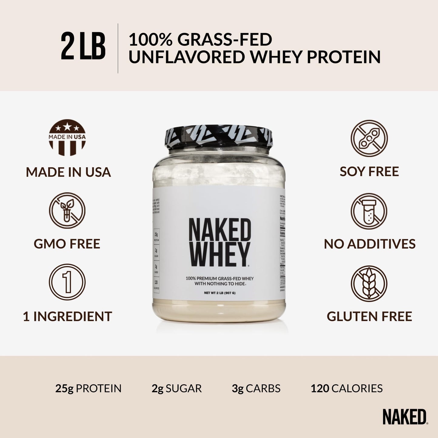 Naked Whey 2LB 100% Grass Fed Whey Protein Powder - Only 1 Ingredient, Unflavored Whey Protein, Undenatured, Gluten Free, Soy Free, No GMOs, No Preservatives