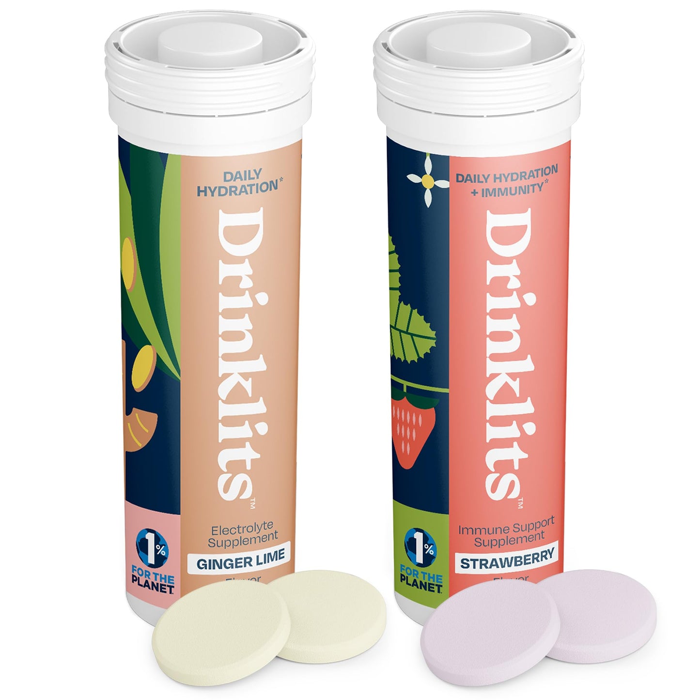 Drinklits Ginger-Lime Electrolyte Hydration & Strawberry Immunity Tablets (2) Tube Combo Pack | Great Taste - Gluten Free - Daily Use | 20 Servings (10 Tablets Per Tube)
