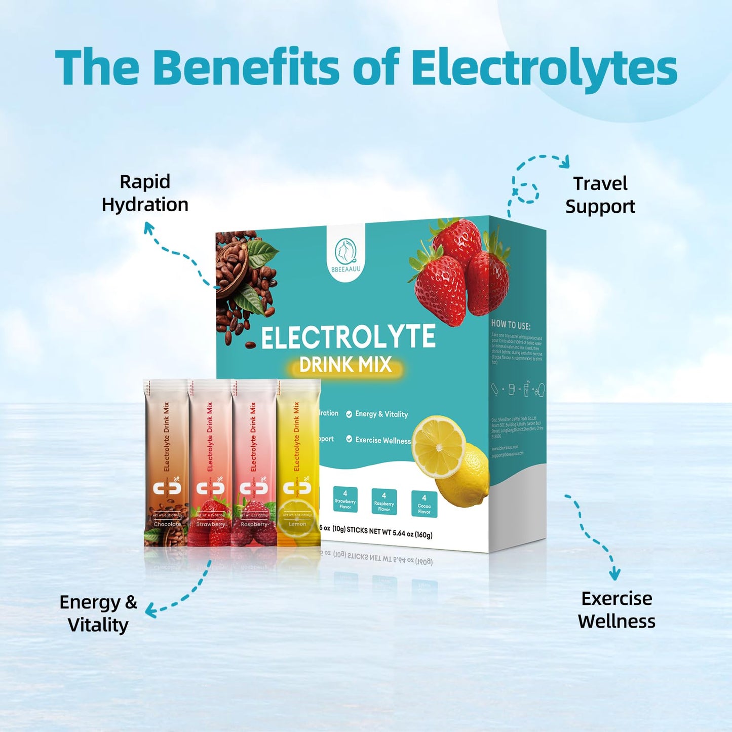 BBEEAAUU Electrolytes Powder No Sugar & 0 Calorie, Electrolytes Drink Mix, Variety Hydration Packets with Vitamins for Rapid Hydration, Endurance & Energy Support, Non-GMO, Vegan (16 Sticks)