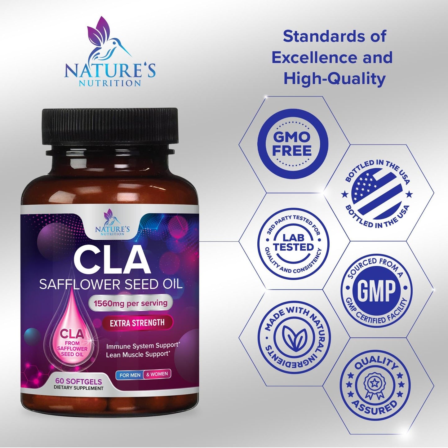 CLA Supplement, Conjugated Linoleic Acid 1560mg - Extra Strength CLA Supplement Pills - Support Body Composition, Lean Muscle Tone, & Energy - Safflower Capsules, Gluten Free, Non-GMO - 60 Softgels
