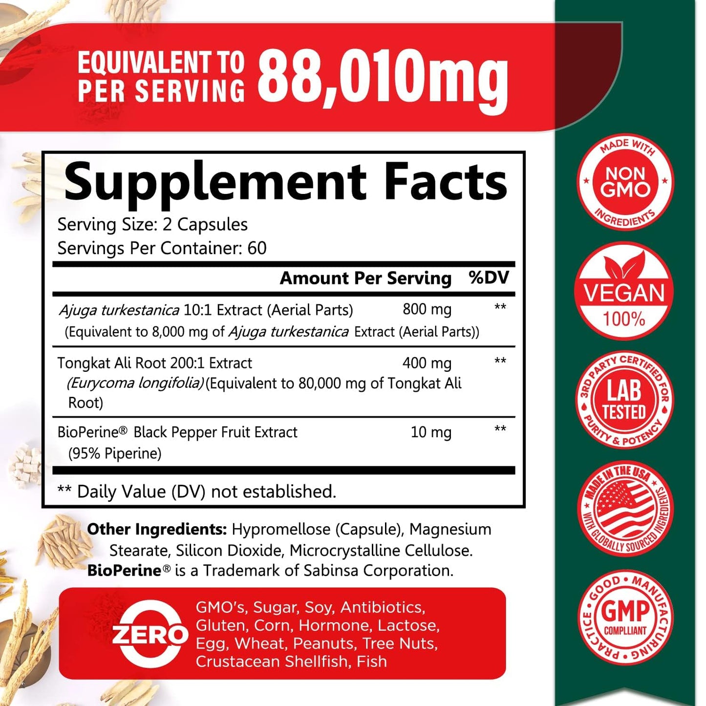 Turkesterone 8,000mg [Highest Purity] + BioPerine® for High Absorption Supplement with Tongkat Ali - Increase Stamina, Lean Muscle Growth & Recovery, Boosts Drive 3rd Party Tested 2 Months Supply