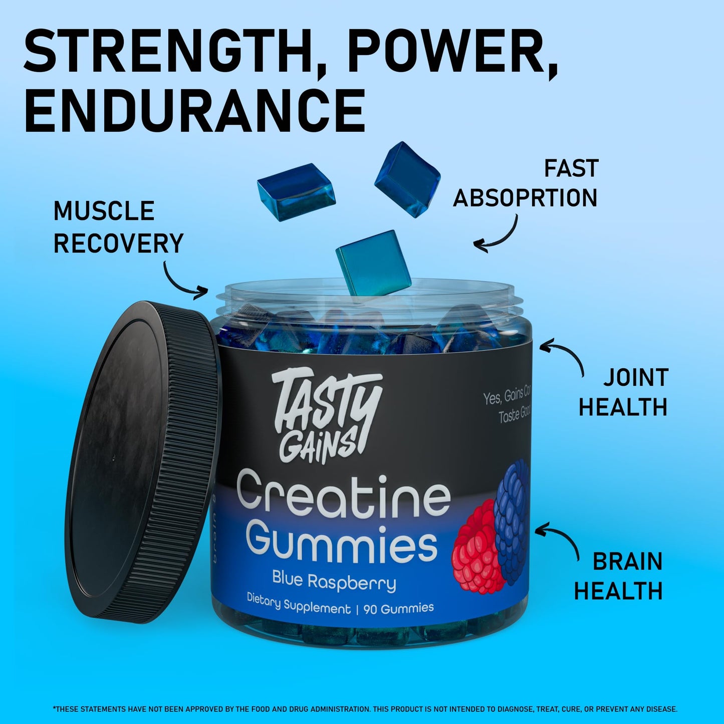 TASTY GAINS Creatine Infused Gummies, 90g of Creatine, Non-GMO, Vegan - Build Muscle & Boost Strength for Men & Women (1g Creatine Monohydrate Per Gummy) Made in USA