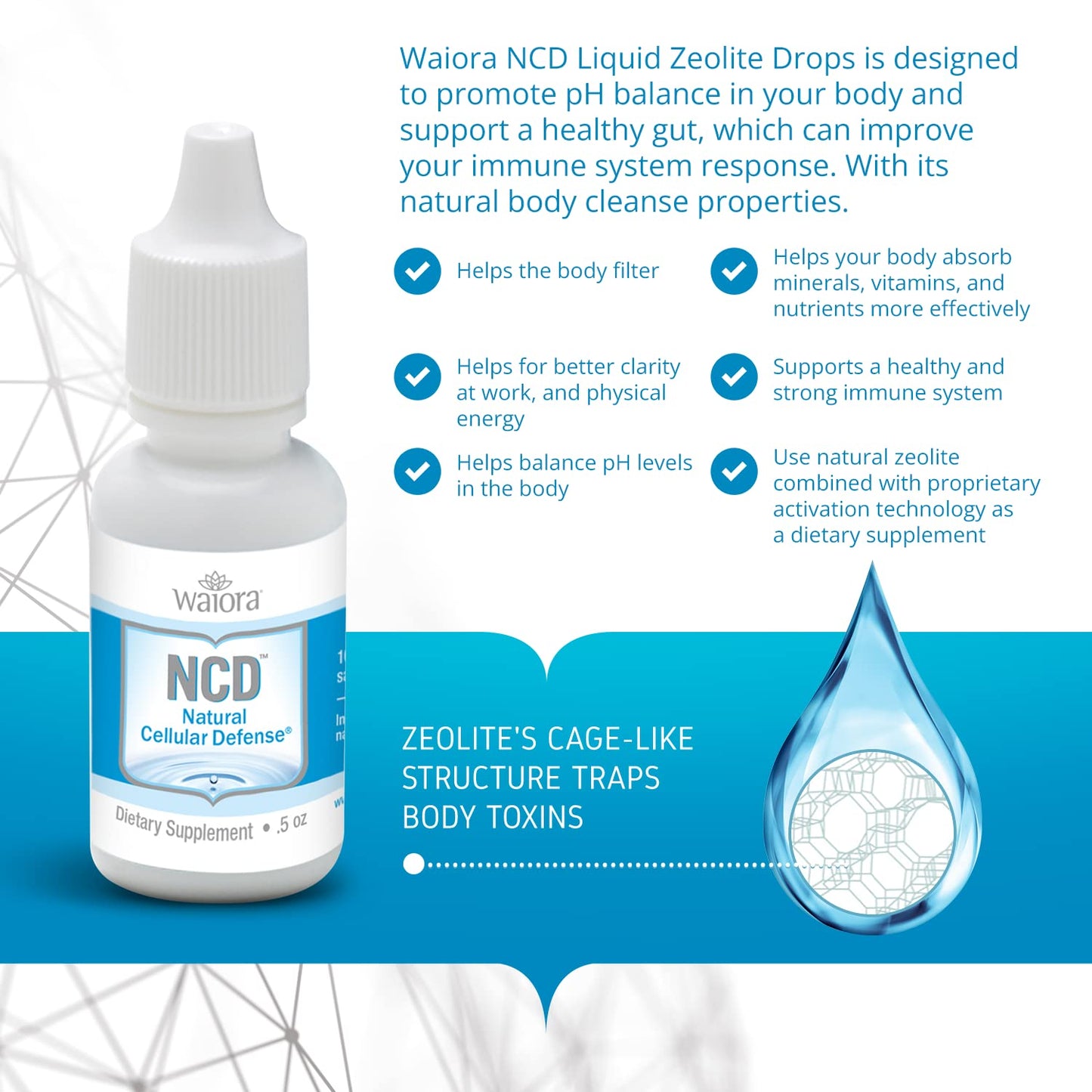 Waiora Natural Cellular Defense (NCD) Liquid Zeolite Drops, Clinoptilolite for Men & Women - Supplement for Immune, Healthy Gut Support, Cleanse, pH Balance (0.5oz Bottle, 1 ct - 90 serv)…
