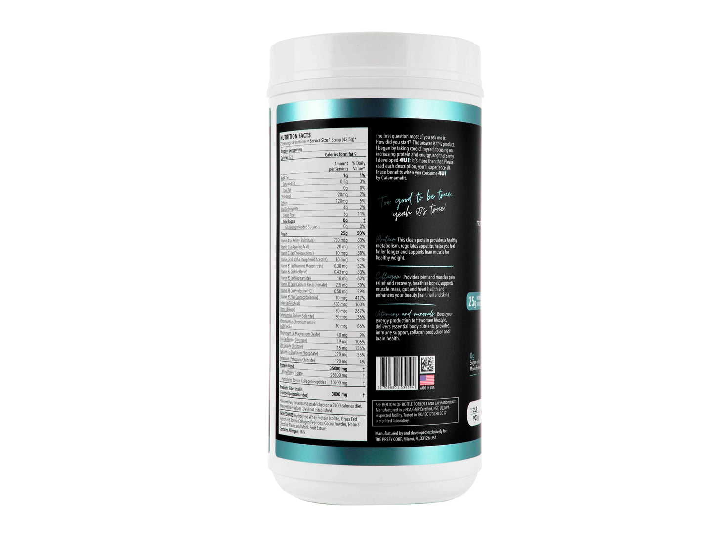 Catamamafit 4U! Chocolate Protein Powder, 25g Hydrolyzed Whey Isolate, 10g Hydrolyzed Collagen, 19 Vitamins & Minerals, No Sugar, Gluten Free, 2 lbs (907g)
