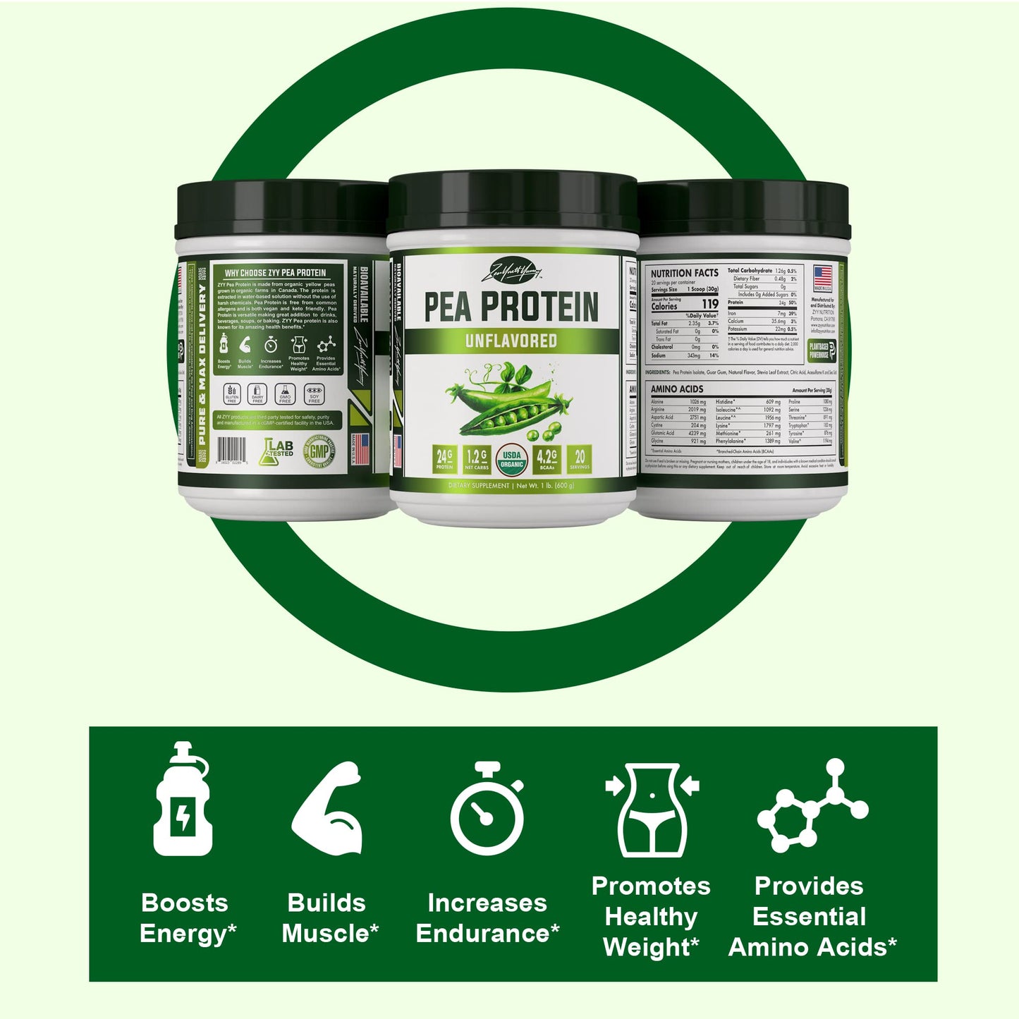 zyy Pure Organic Hydrolyzed Vegan Pea Protein Powder - Easy to Digest, Unsweetened, Natural Unflavored, Dairy Free, Gluten Free, Soy Free, Sugar Free, Non-GMO with BCAA
