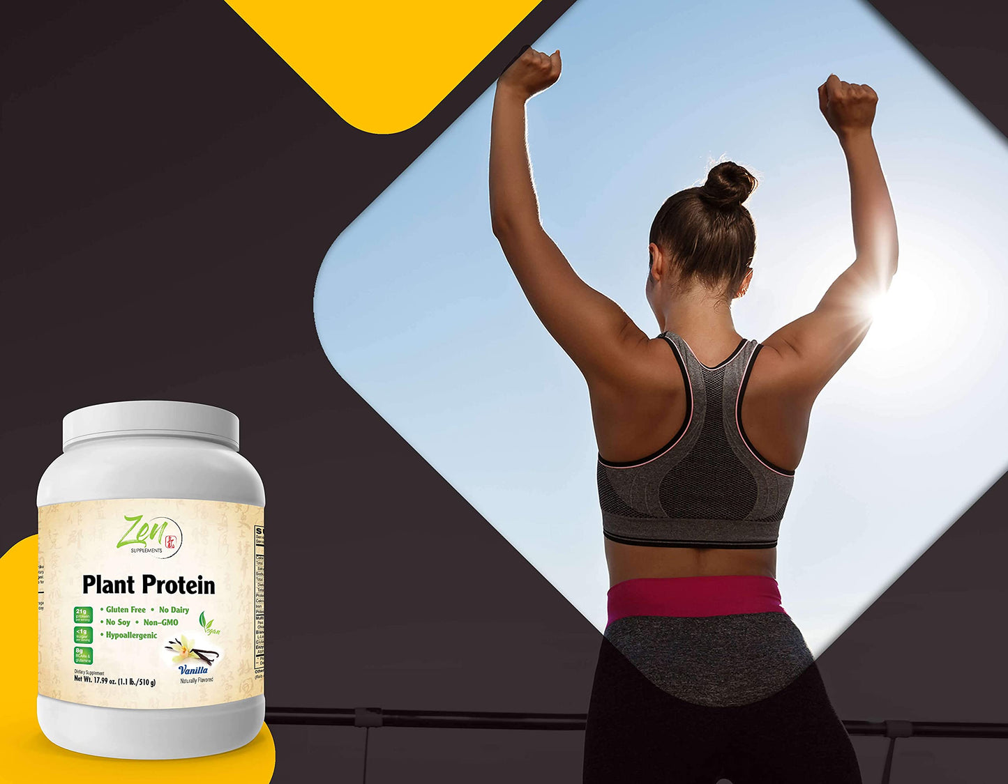 Zen Supplements - Plant Protein-Vanilla 510G 1.1LB-Powder- 25 Grams of Protein Per Serving -Vegan, Low Net Carbs, Non Dairy, Gluten Free, Lactose Free, No Sugar Added, Soy Free, Kosher, Non-GMO