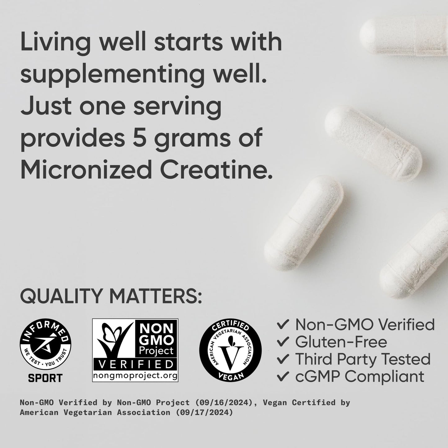 Sports Research® Creatine Monohydrate Capsules, 5g per Serving - Premier Workout Supplement for Men & Women - Informed Sport Certified · NSF Gluten Free · Non-GMO Verified - 30 Servings