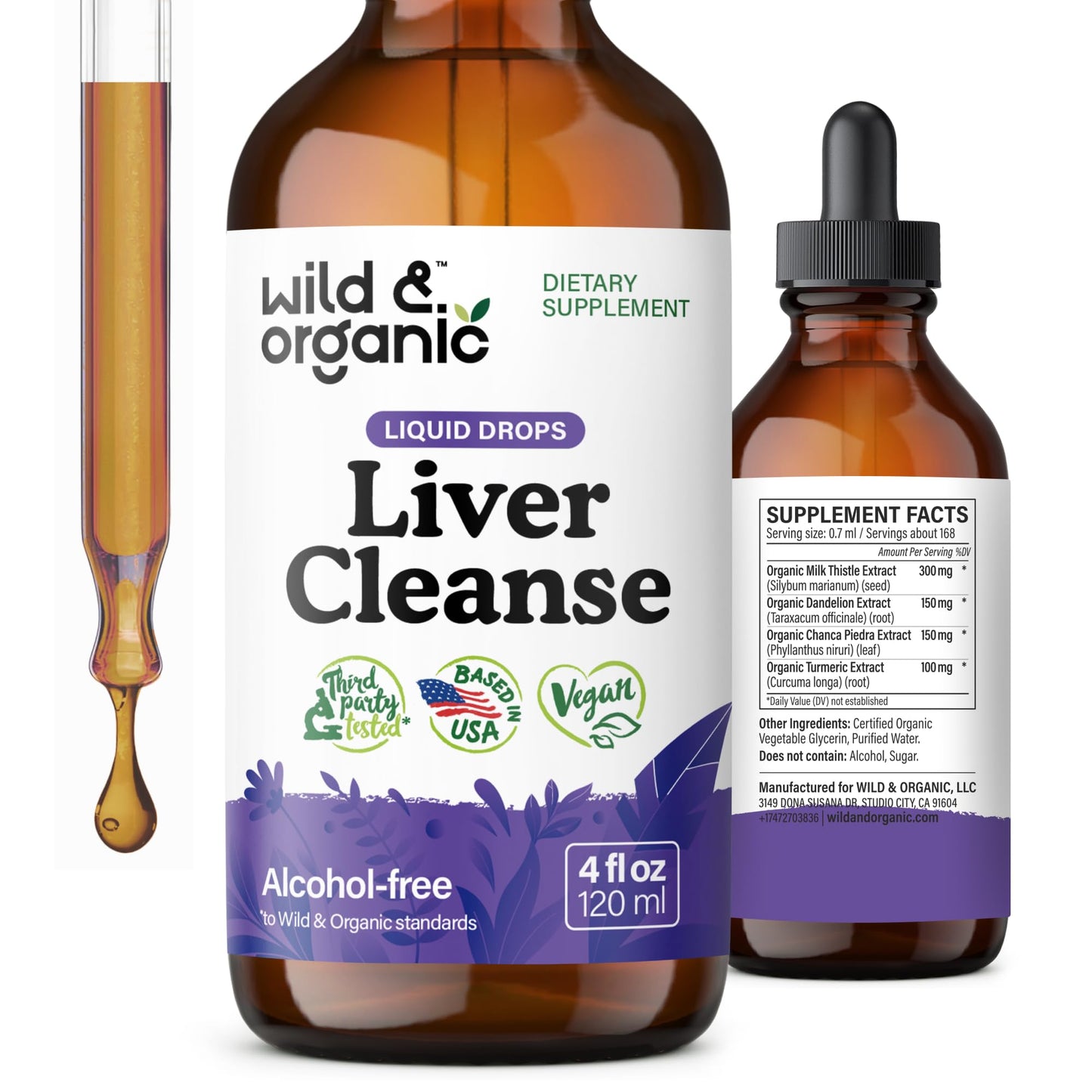 Wild & Organic Liver Cleanse Detox Tincture - Milk Thistle, Dandelion Root Herbal Complex - Liquid Liver Support Supplement - Vegan, Sugar & Alcohol-Free Milk Thistle Drops - 4 fl oz