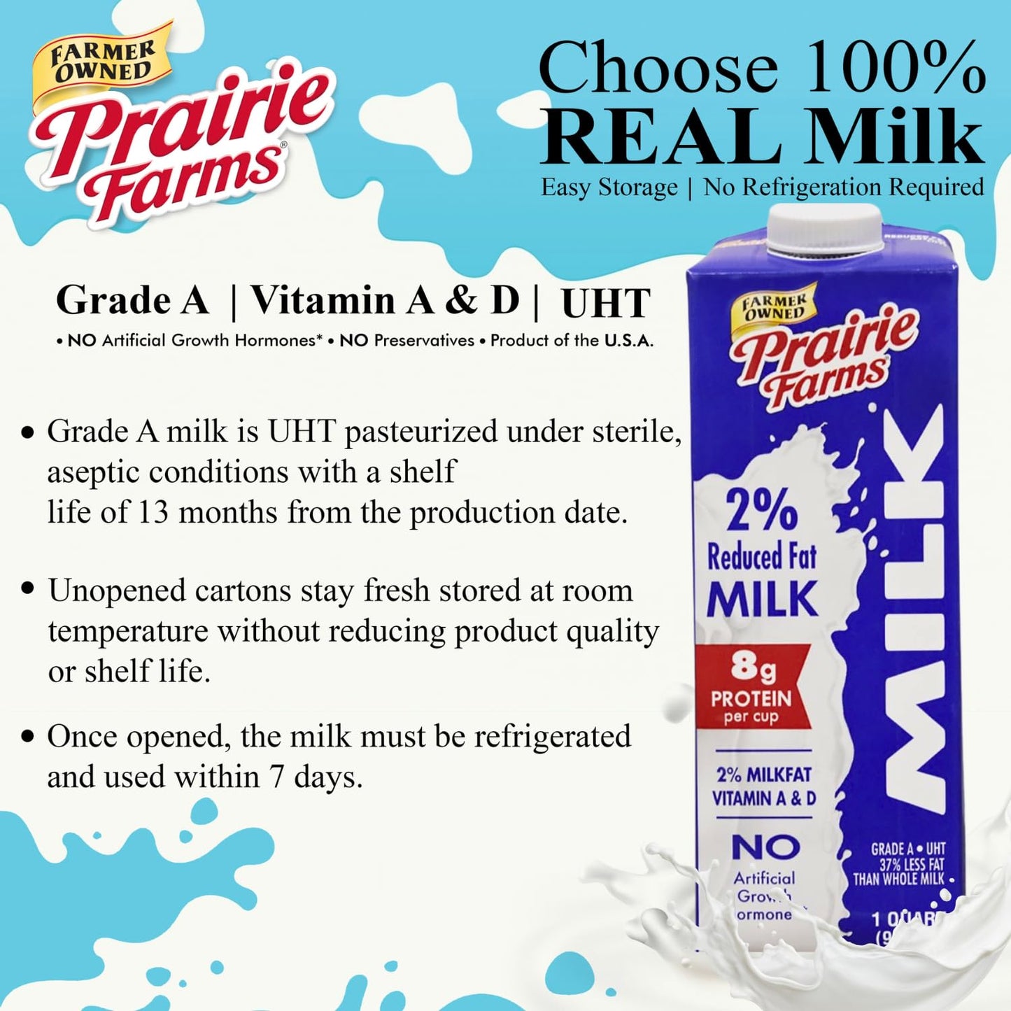 Prairie Farms  Shelf Stable Milk 2 Percent Reduced Fat Boxed UHT Ultra Pasteurized Milk Vitamin D White Milk  Preservative and Hormone Free Gluten Free Kosher Made in USA 1 Quart  4 Pack