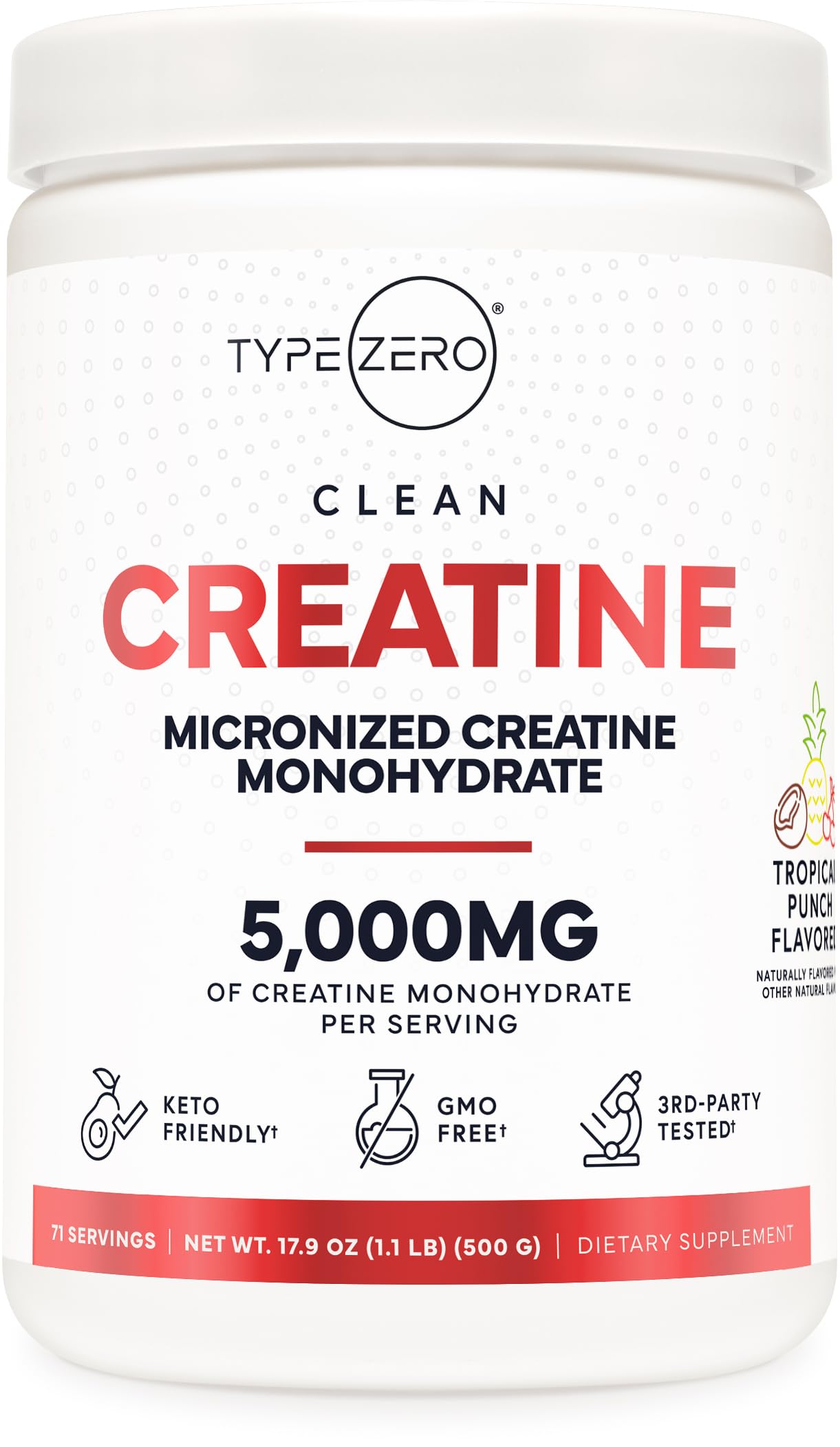 Type Zero Creatine Monohydrate Powder 500 Grams, Tropical Punch Flavored - Gluten-Free