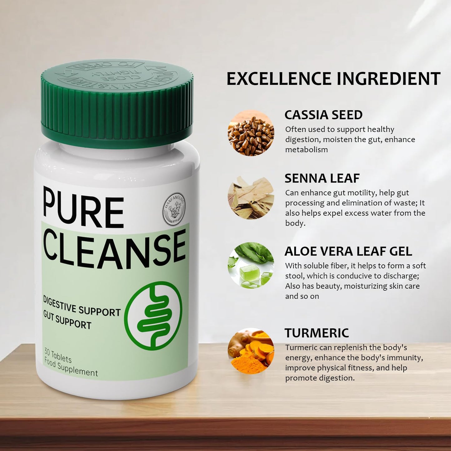 HANFANGLING Pure Cleanse Tablet,Gut & Colon Detox,Relieve Constipation,Bloating,Bowel Cleanse,Digestive Support, Nature Herbal Formula,30 Heart-Shaped Tablet