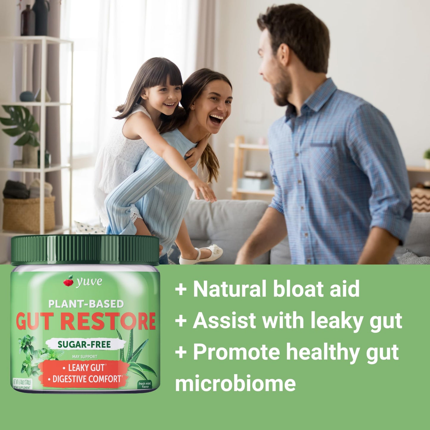 Yuve Gut Health Restore, Vegan & Non-GMO Leaky Gut Repair Supplements, Helps to Relief Bloating, Heartburn, Constipation, Gas & SIBO, with L-Glutamine, Licorice, & Aloe, Pharmaceutical Grade, 30 Servs