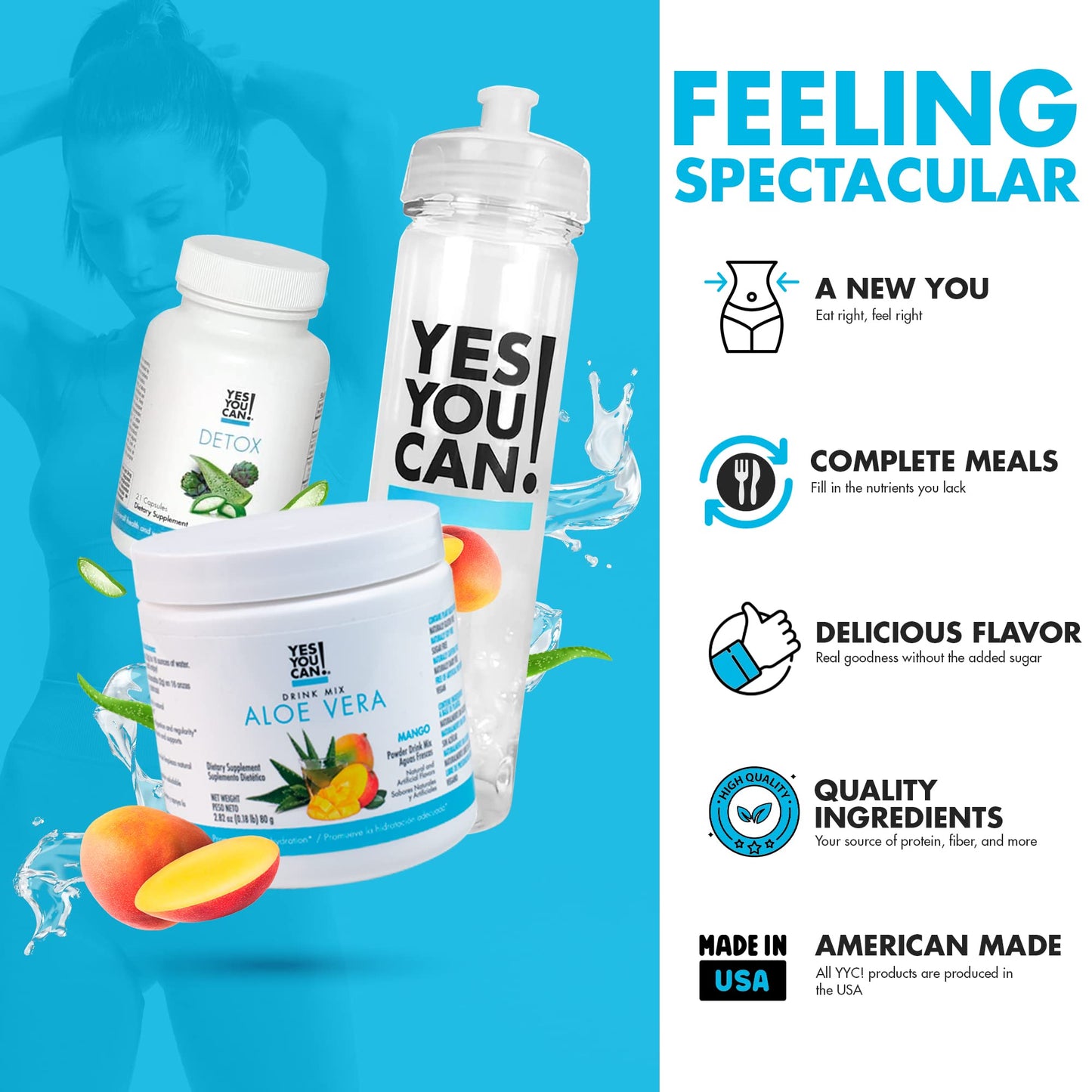 Yes You Can! Detox Kit Bundle - Includes YYC! Capsules, Aloe Vera Drink Mix, and Water Bottle, Body Cleanse Kit, Daily Cleanse and Proper Hydration with Vitamins - (Mango)
