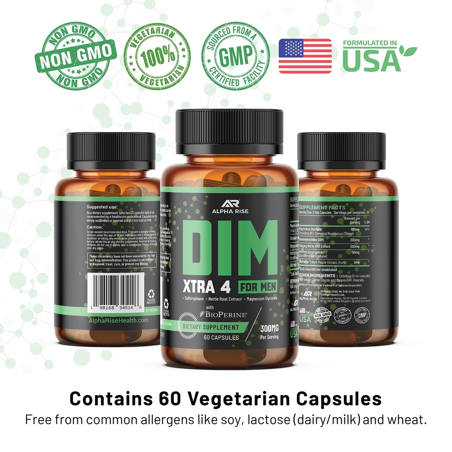 Premium DIM Supplement for Men | Estrogen Blocker & Aromatase Inhibitor | Diindolylmethane, Nettle Root Extract, Magnesium Glycinate & Sulforaphane | Hormone Balance & Liver Protection | 60 Capsules