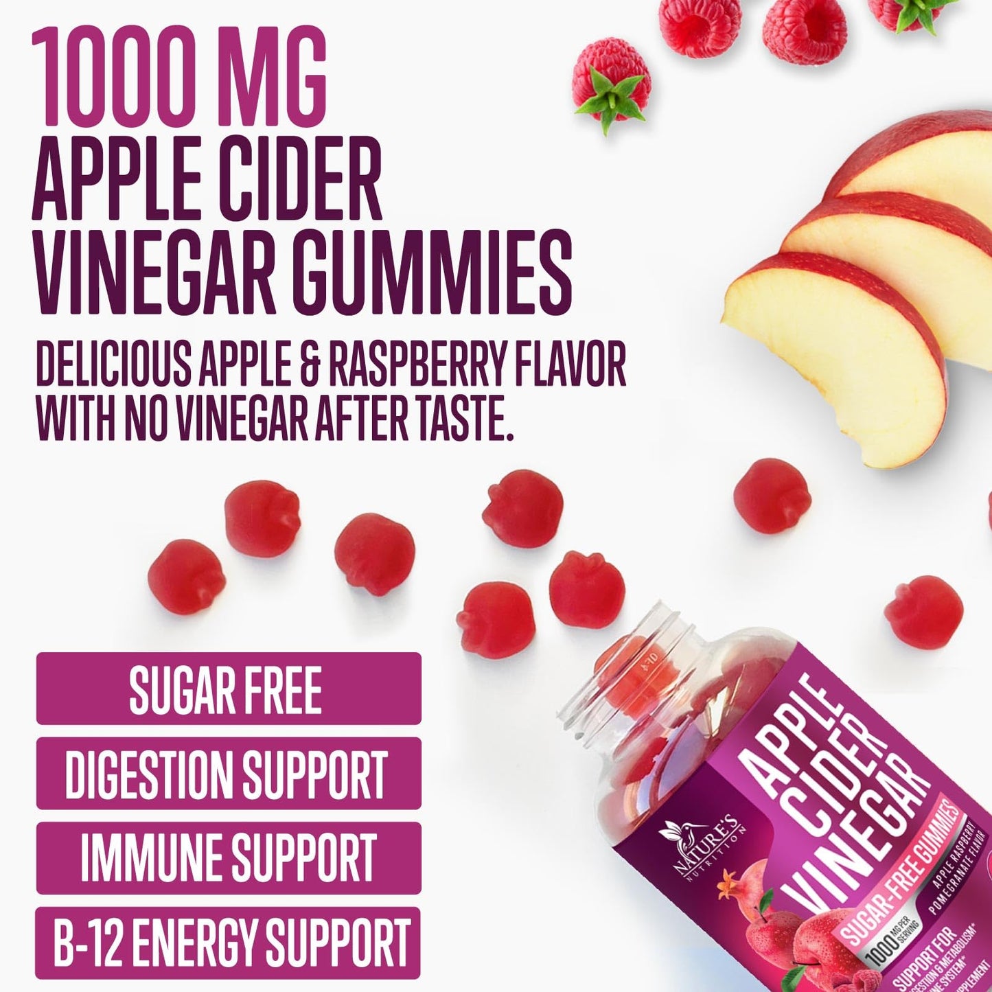 Apple Cider Vinegar Gummies Sugar Free 1000mg for Cleanse, ACV Gummy Vitamin B12 for Digestion Energy & Immune Health Support, Natural Premium Apple Raspberry Flavor, Non GMO & Vegan - 120 Gummies