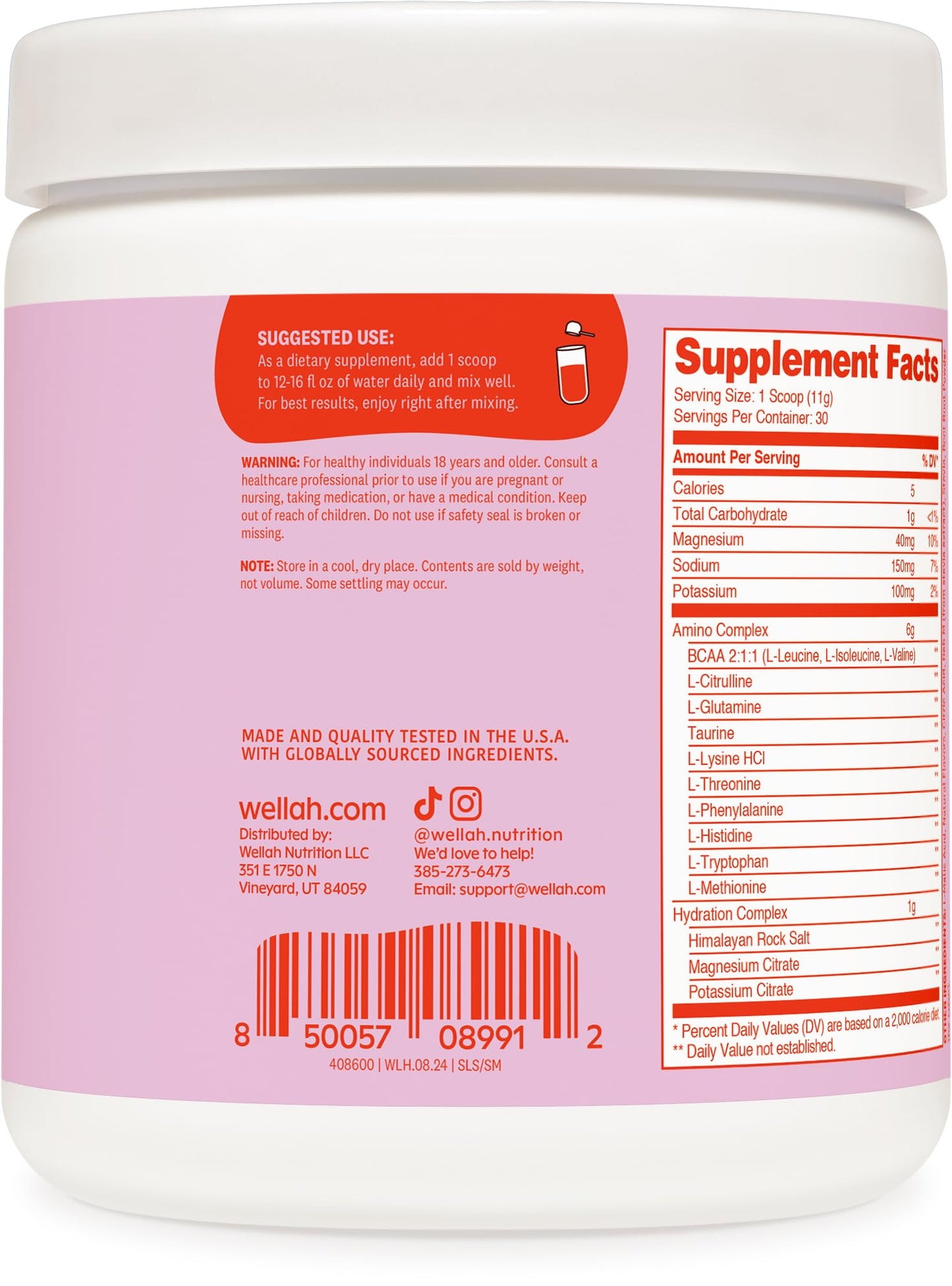 Wellah So Long Soreness BCAA Powder (Strawberry Mango Flavored) 30 Servings - with Hydration Complex