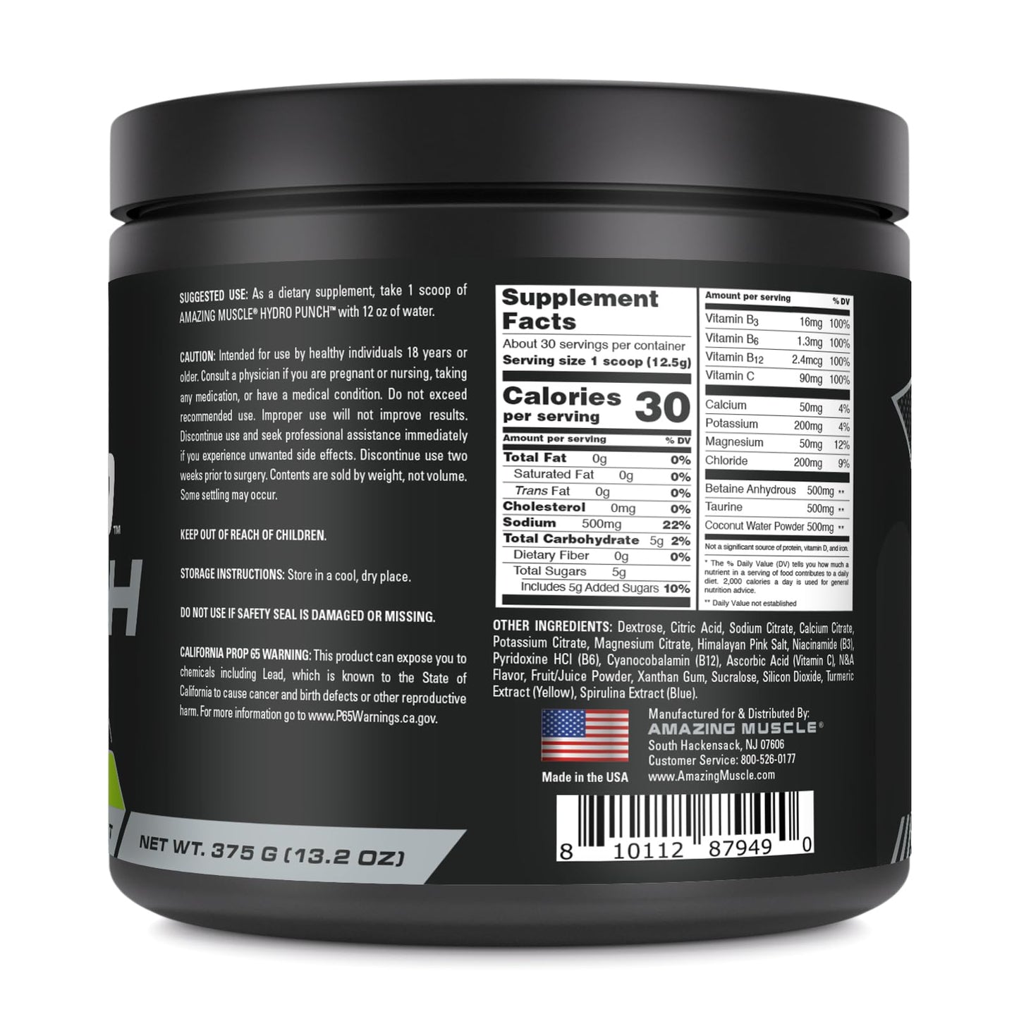 Amazing Muscle Hydro Punch Powder | Hydration + Electrolyte Blend | Contains Vitamin B, C, Betaine Anhydrous & More | 30 Servings (30 Servings, Lemon Lime)