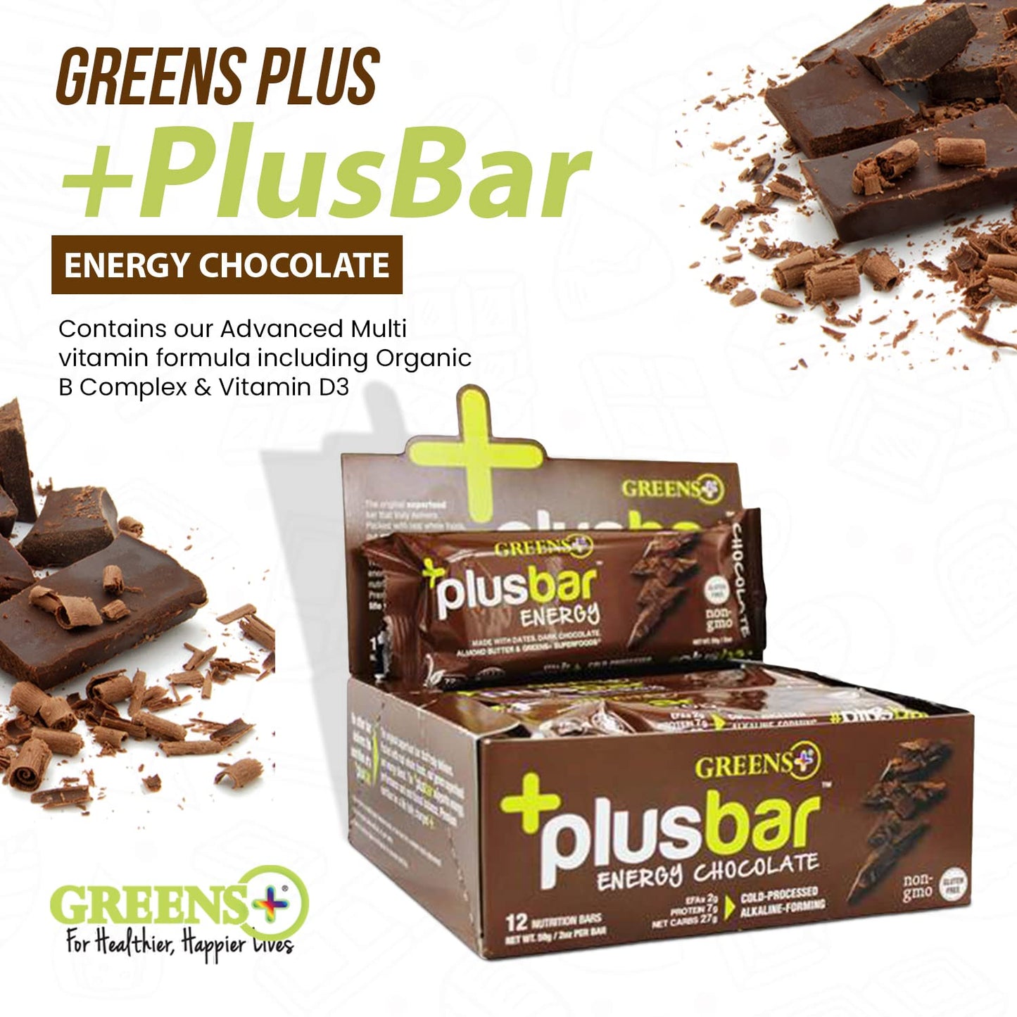 Greens Plusbar Energy Bars Chocolate Gluten Free Healthy Snacks with Organic Super Greens Superfoods  Dark Chocolate Vegan Dairy Free  Non GMO 8g Protein Meal Replacement Bars 12 Bars